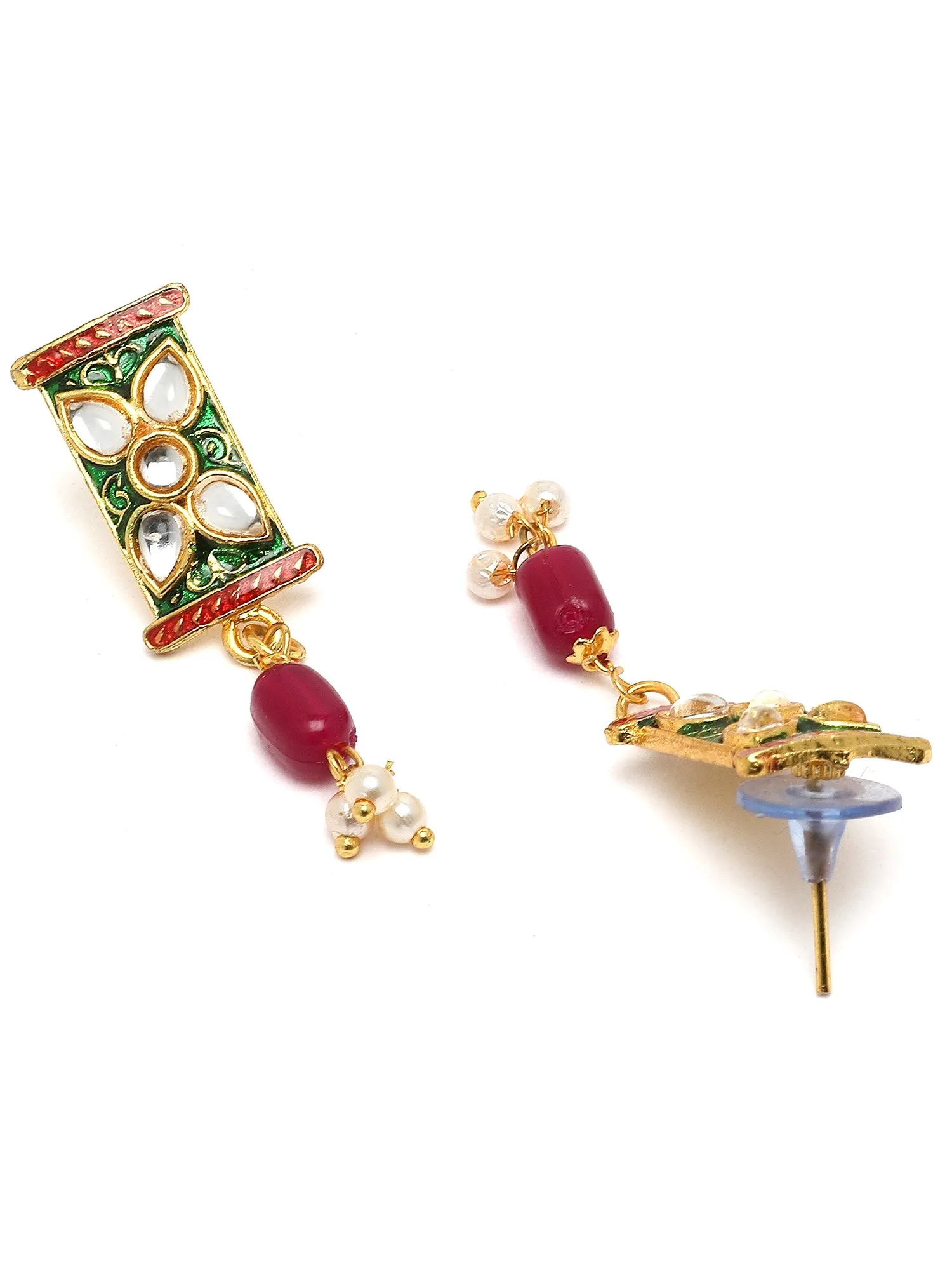 Karatcart Floral Design Gold Plated Red and Green Tumble Studded Pearl Beaded Necklace Set