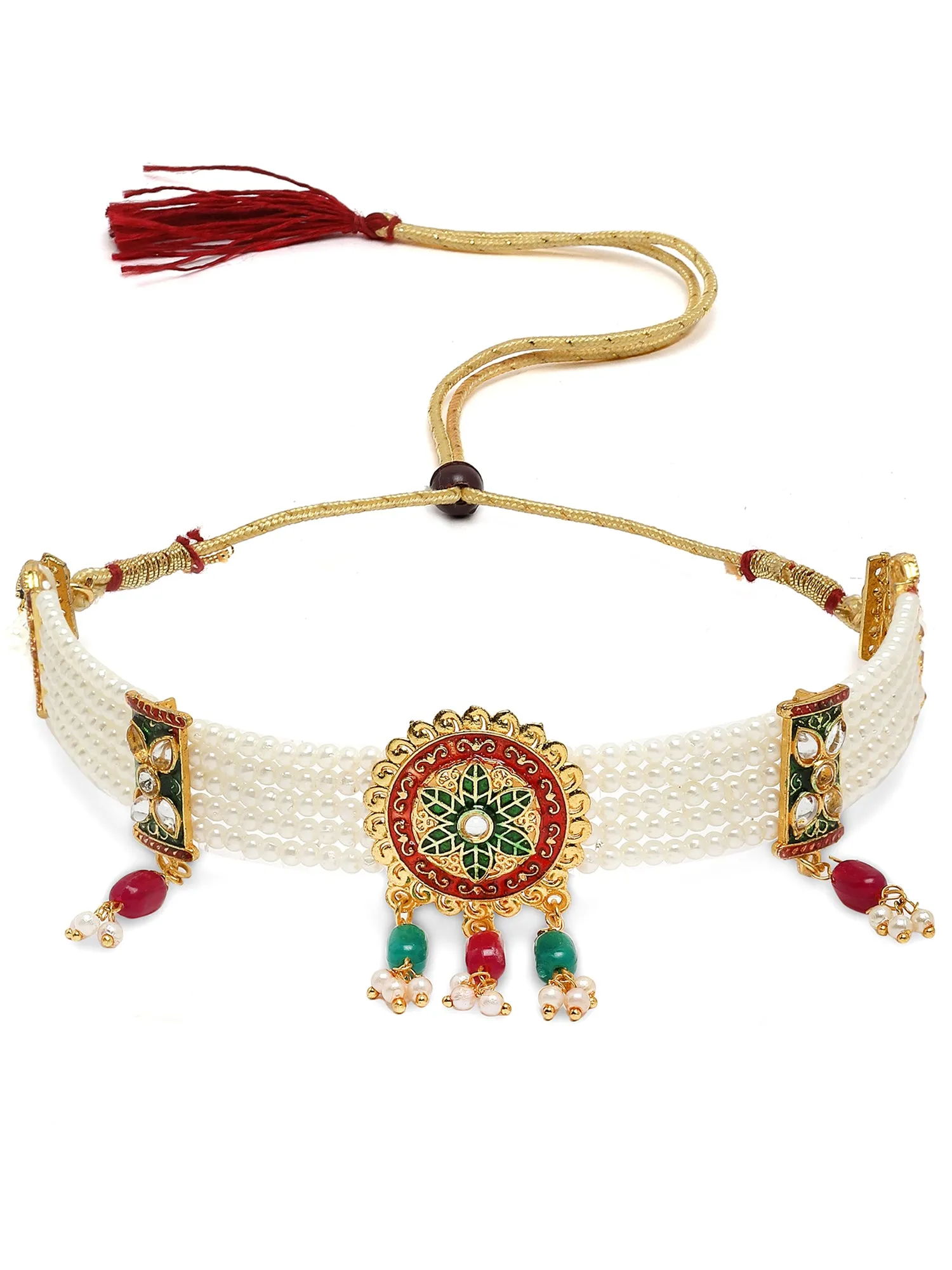 Karatcart Floral Design Gold Plated Red and Green Tumble Studded Pearl Beaded Necklace Set