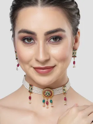 Karatcart Floral Design Gold Plated Red and Green Tumble Studded Pearl Beaded Necklace Set