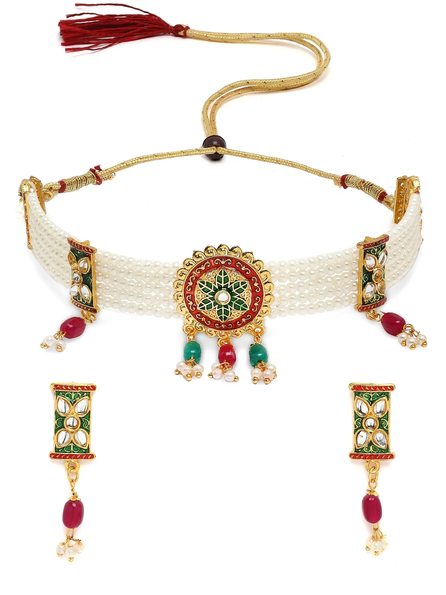Karatcart Floral Design Gold Plated Red and Green Tumble Studded Pearl Beaded Necklace Set