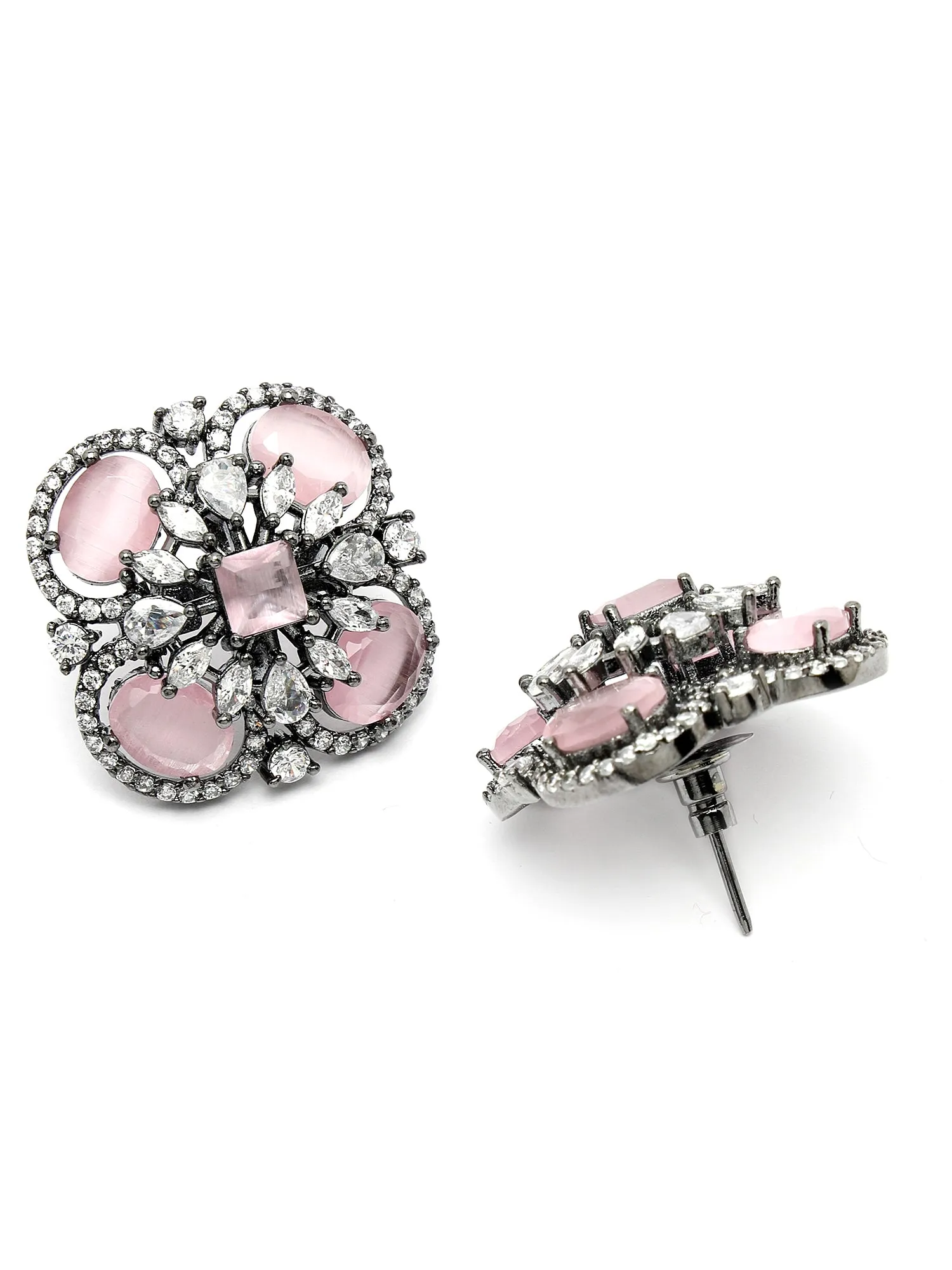 Karatcart Floral Design Pink Cubic Zirconia Studded Black Silver Plated Stud Earrings for Women