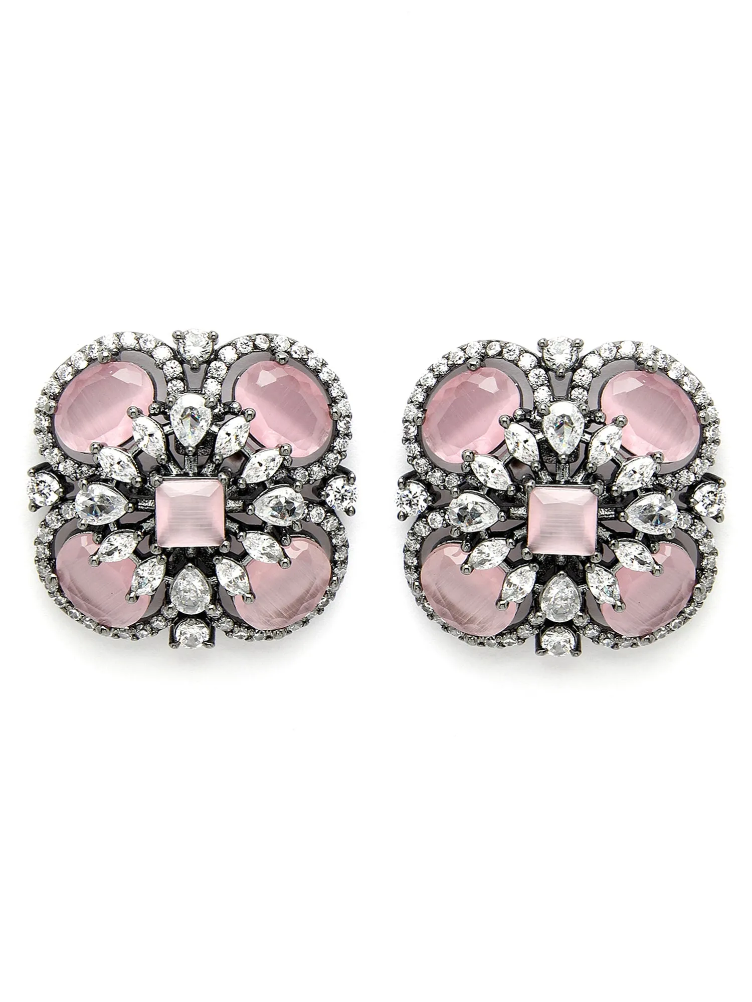 Karatcart Floral Design Pink Cubic Zirconia Studded Black Silver Plated Stud Earrings for Women