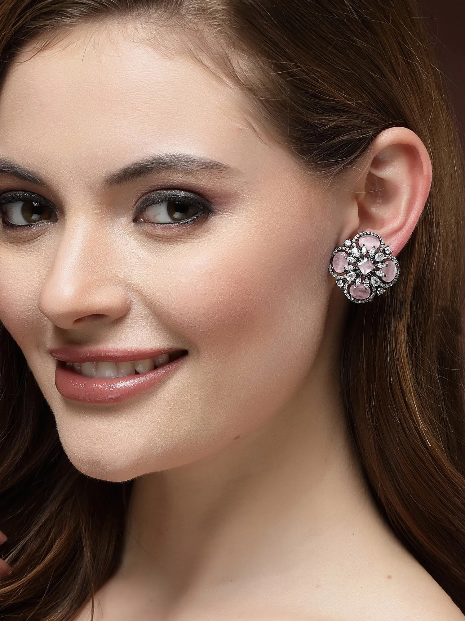 Karatcart Floral Design Pink Cubic Zirconia Studded Black Silver Plated Stud Earrings for Women