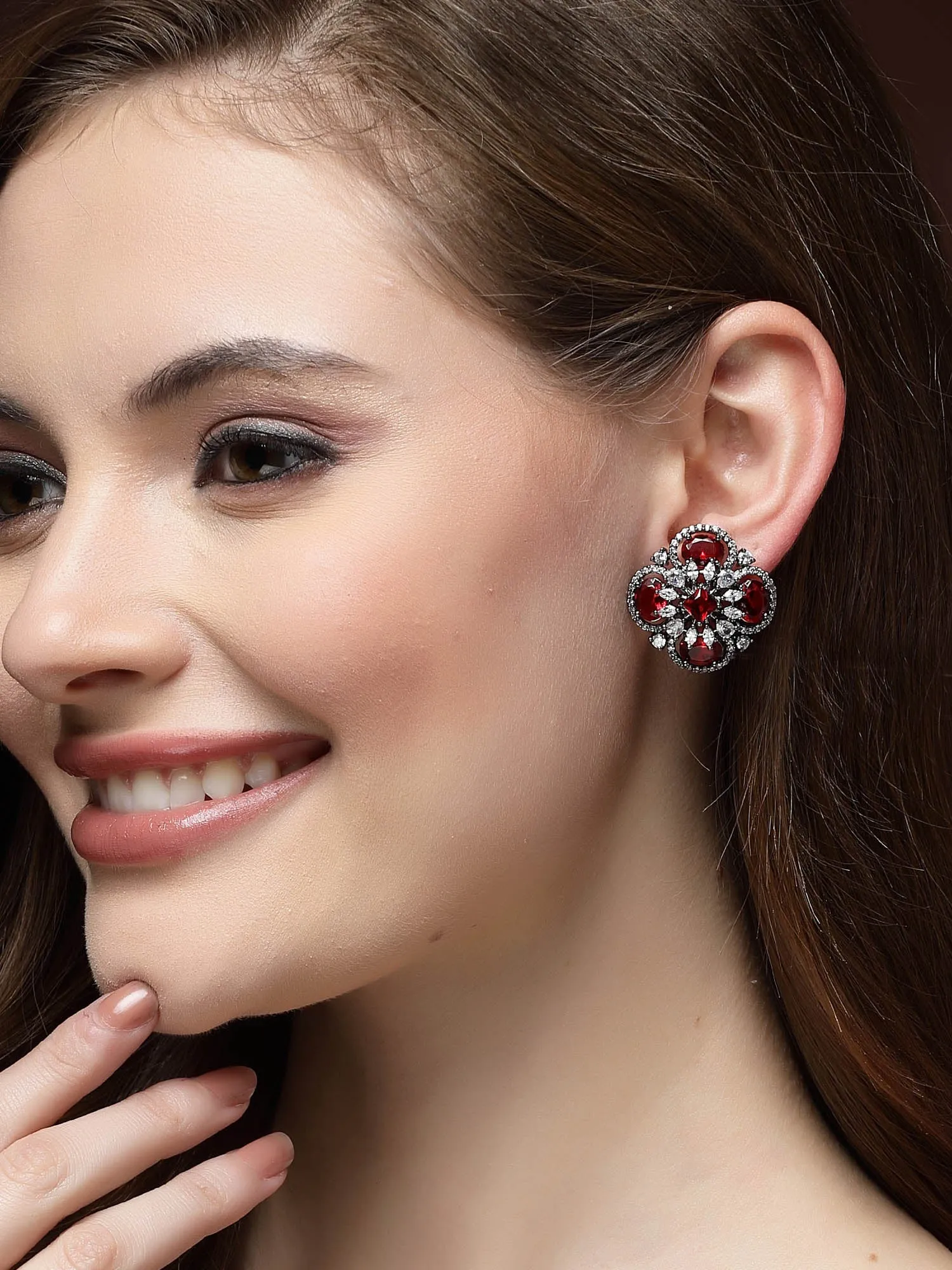 Karatcart Floral Design Red Cubic Zirconia Studded Black Silver Plated Stud Earrings for Women