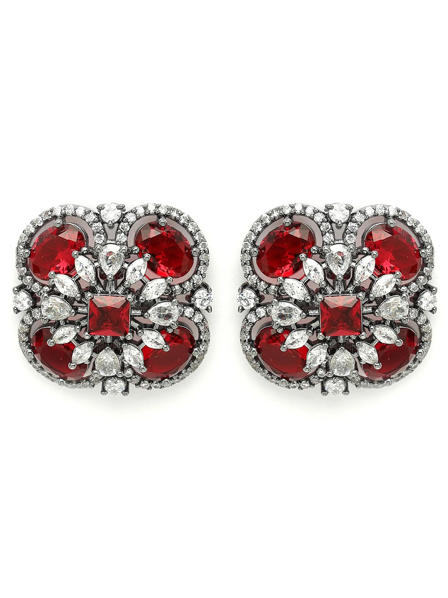 Karatcart Floral Design Red Cubic Zirconia Studded Black Silver Plated Stud Earrings for Women