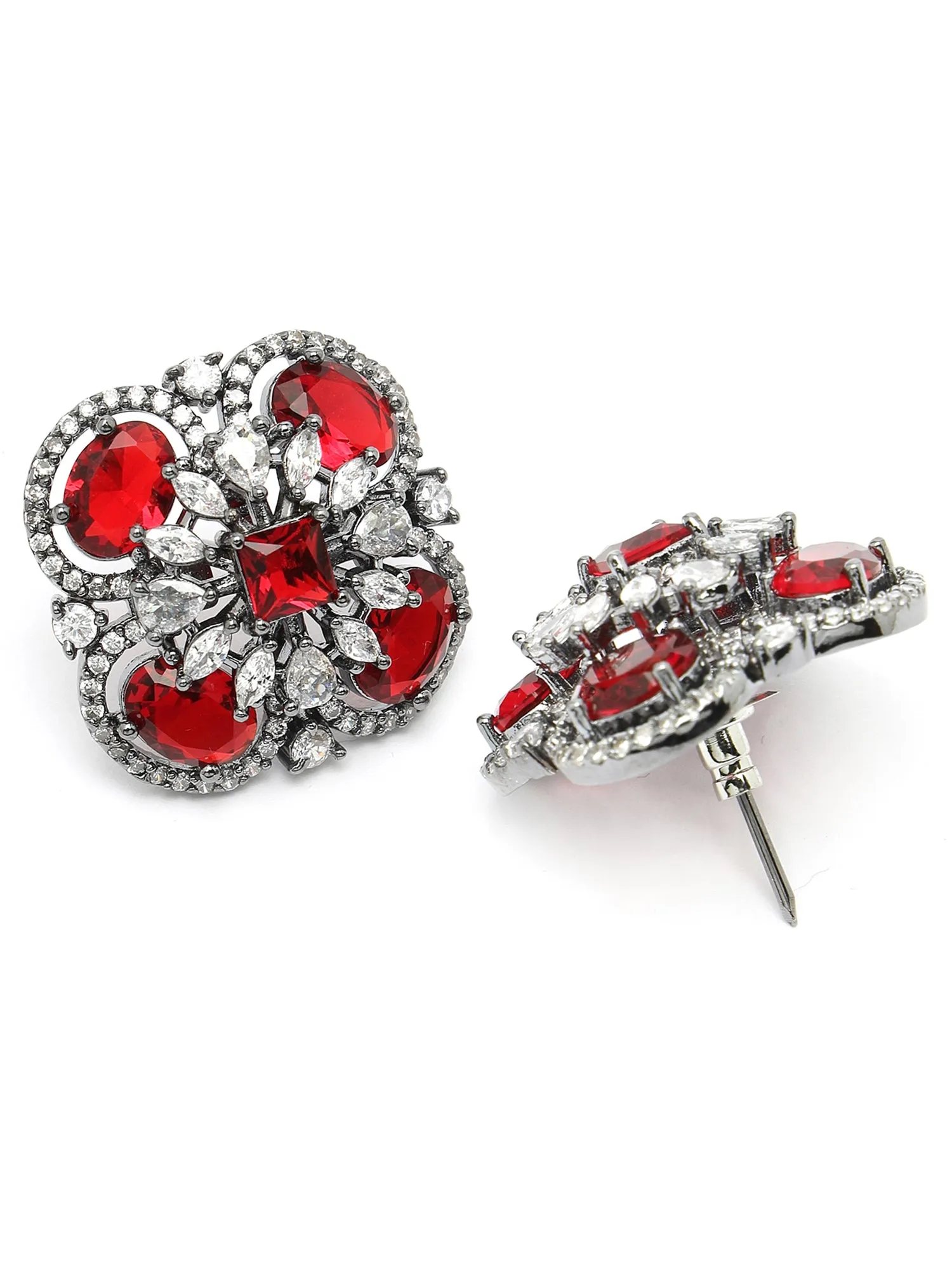Karatcart Floral Design Red Cubic Zirconia Studded Black Silver Plated Stud Earrings for Women