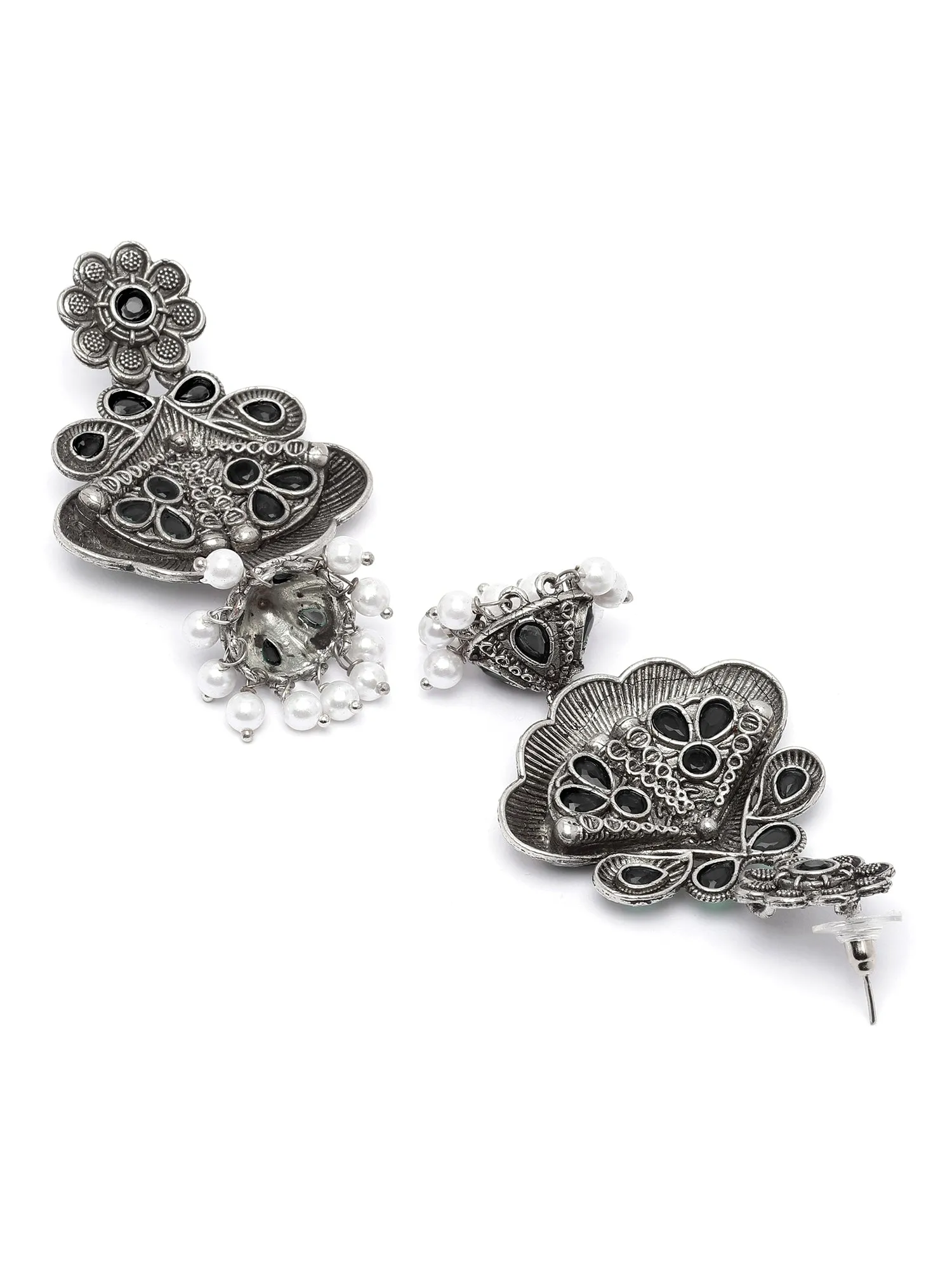 Karatcart Floral Oxidised Silver Black Stone Dangler Earring for Women