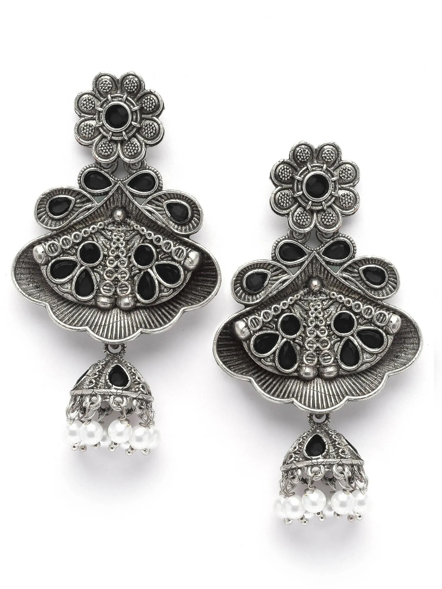 Karatcart Floral Oxidised Silver Black Stone Dangler Earring for Women