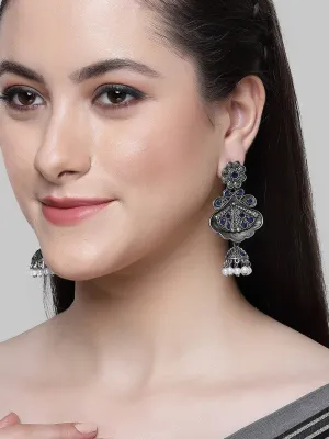 Karatcart Floral Oxidised Silver Blue Stone Dangler Earring for Women