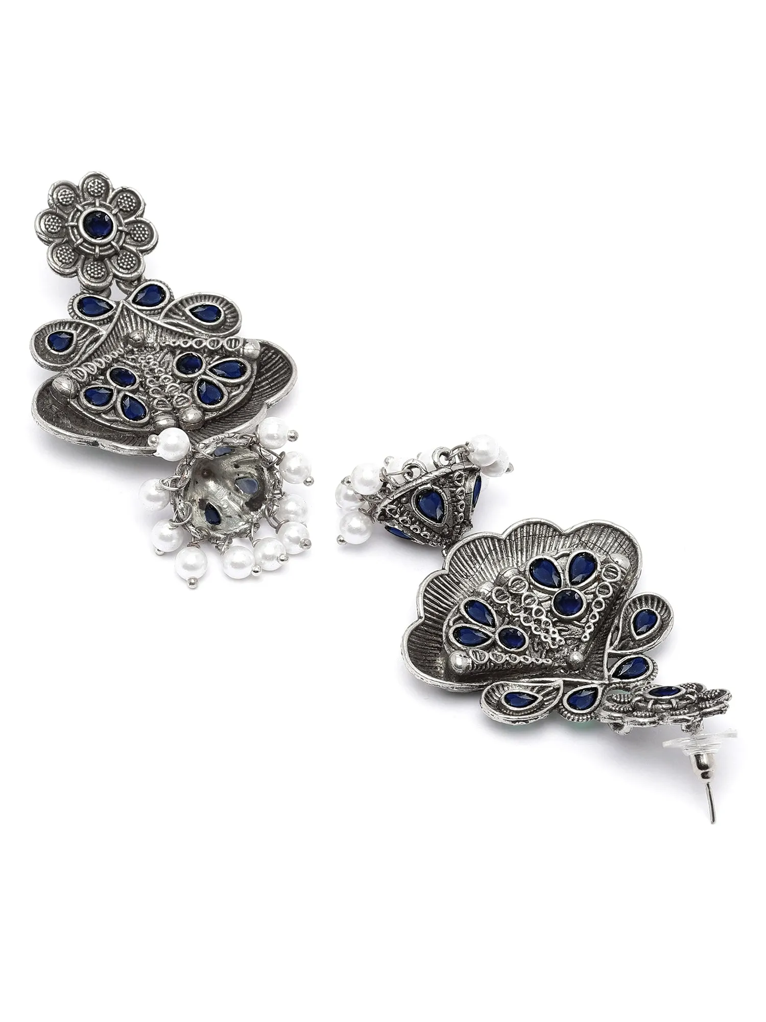 Karatcart Floral Oxidised Silver Blue Stone Dangler Earring for Women