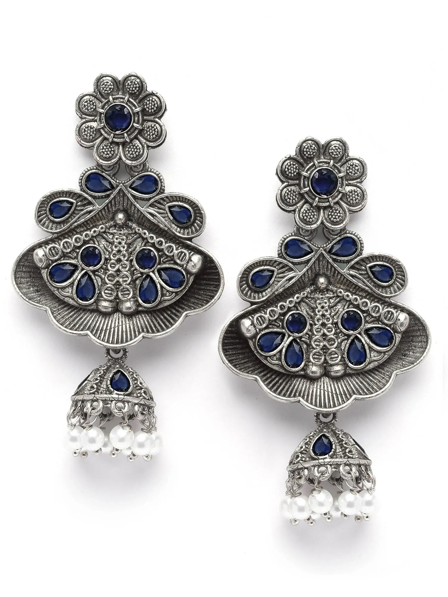 Karatcart Floral Oxidised Silver Blue Stone Dangler Earring for Women