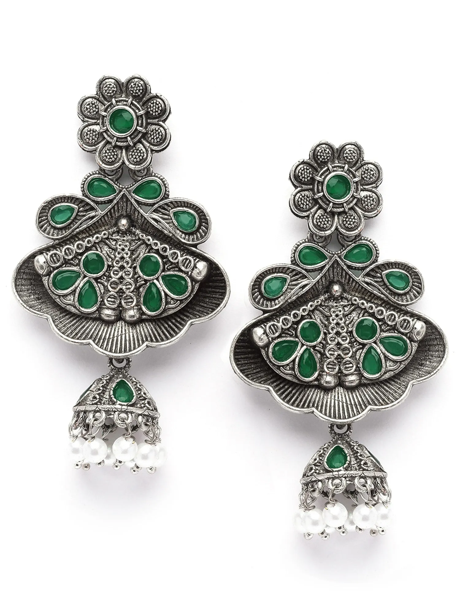 Karatcart Floral Oxidised Silver Green Stone Dangler Earring for Women