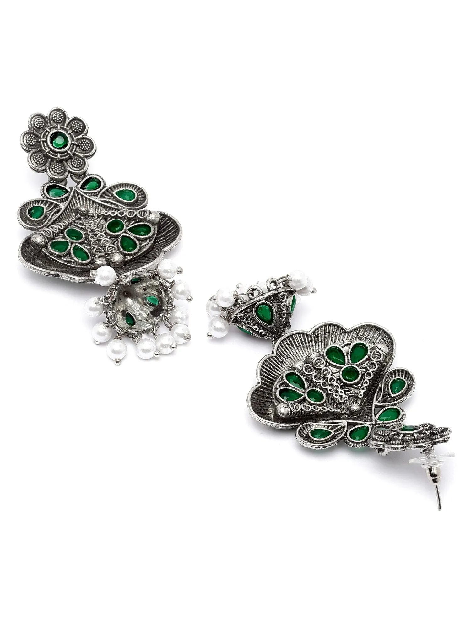 Karatcart Floral Oxidised Silver Green Stone Dangler Earring for Women