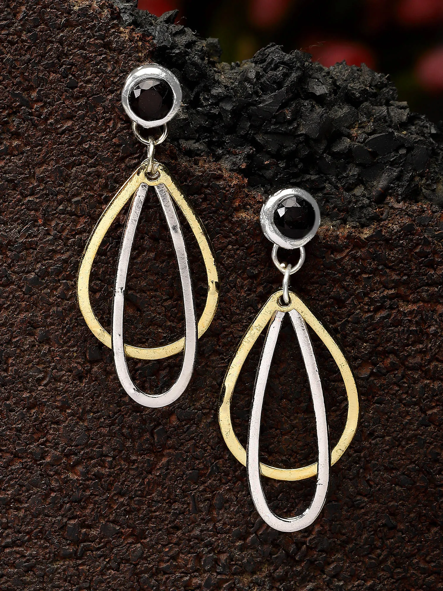 Karatcart Gold and Silver Plated Black Stone Studded Kundan Drop Earrings for Women