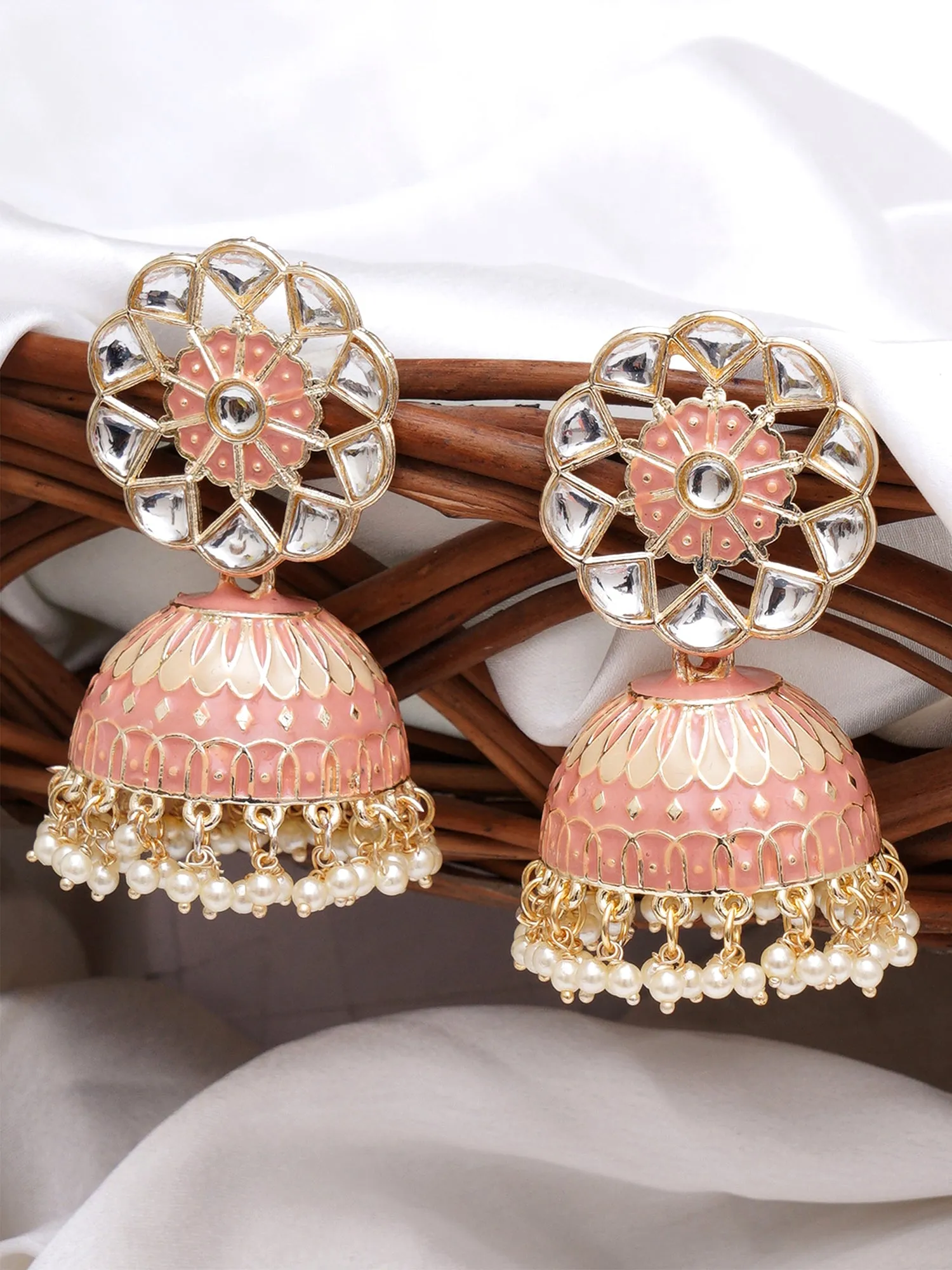 Karatcart Gold Plated Baby Pink Meena Kunda Studded Jhumki Earrings for Women