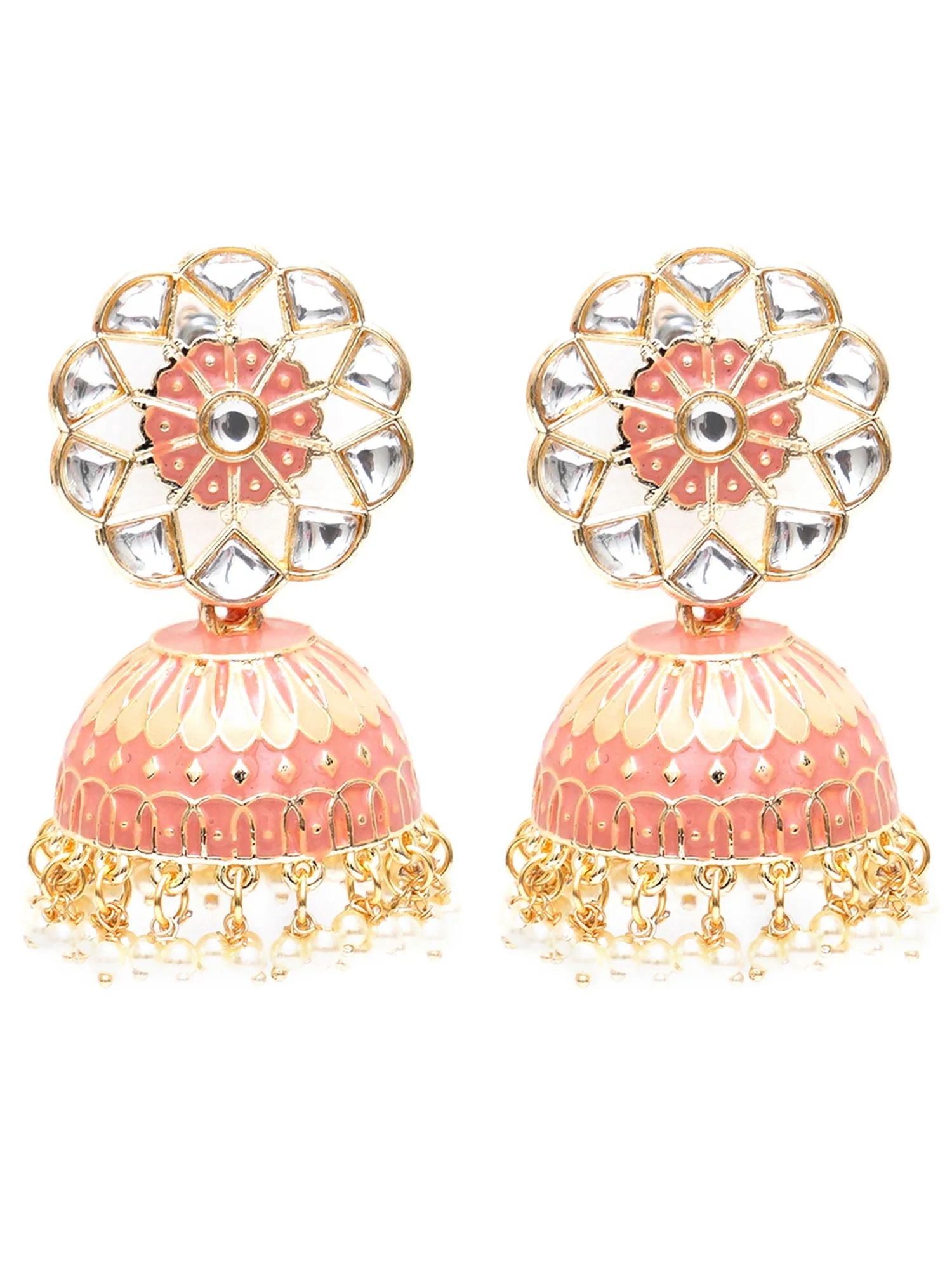 Karatcart Gold Plated Baby Pink Meena Kunda Studded Jhumki Earrings for Women