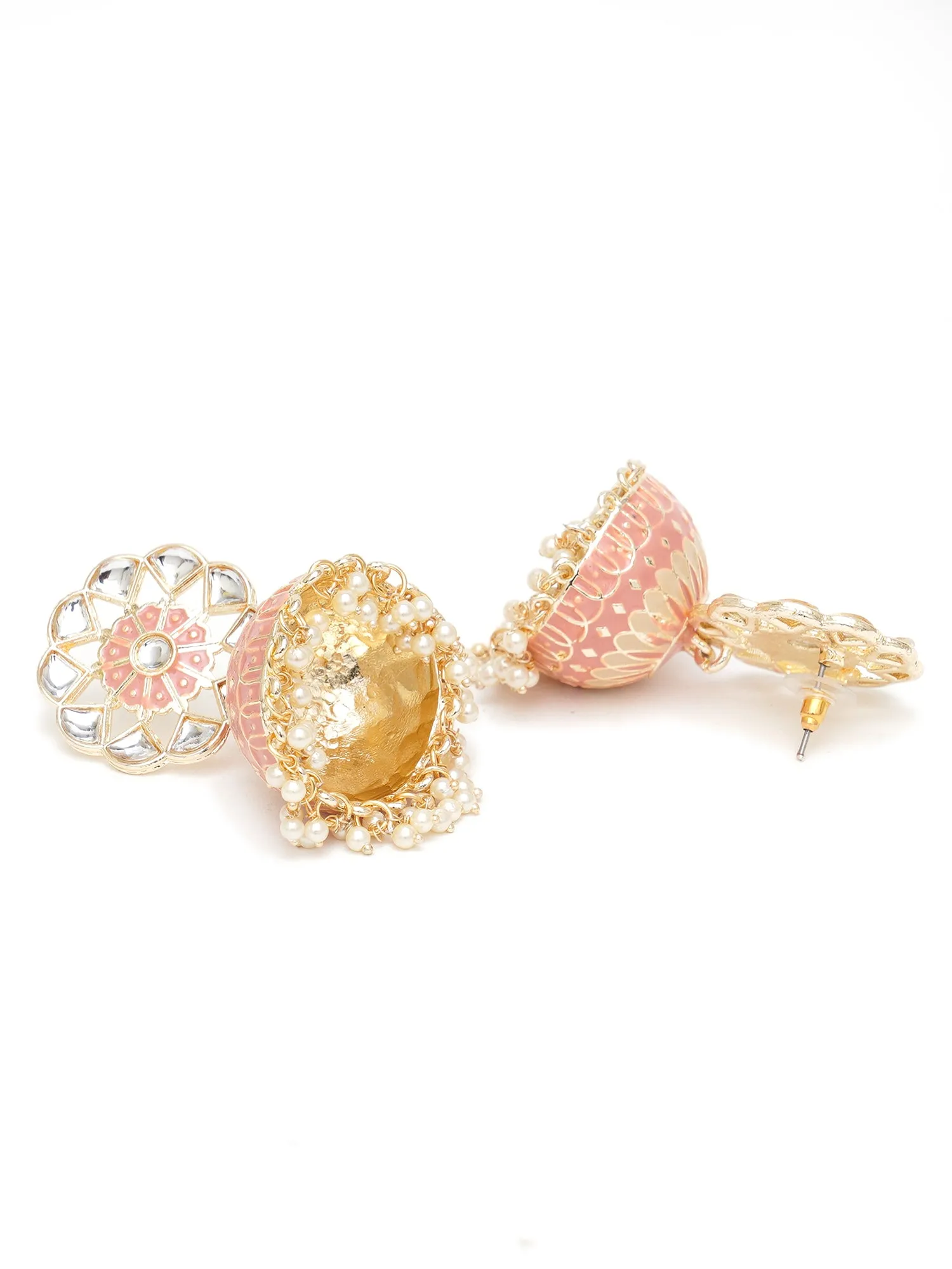 Karatcart Gold Plated Baby Pink Meena Kunda Studded Jhumki Earrings for Women