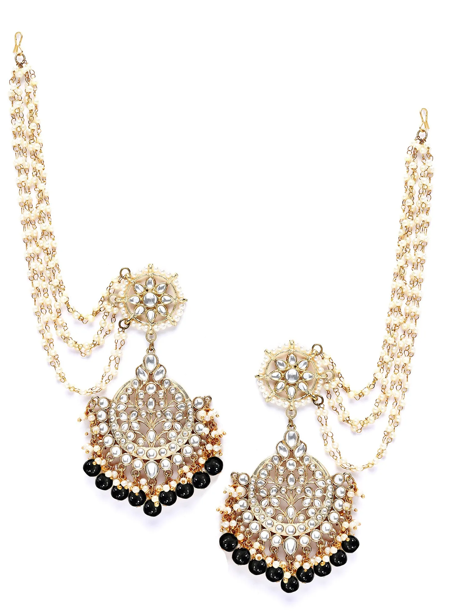 Karatcart Gold Plated Black Beads Kundan Kaanchain Earrings for Women