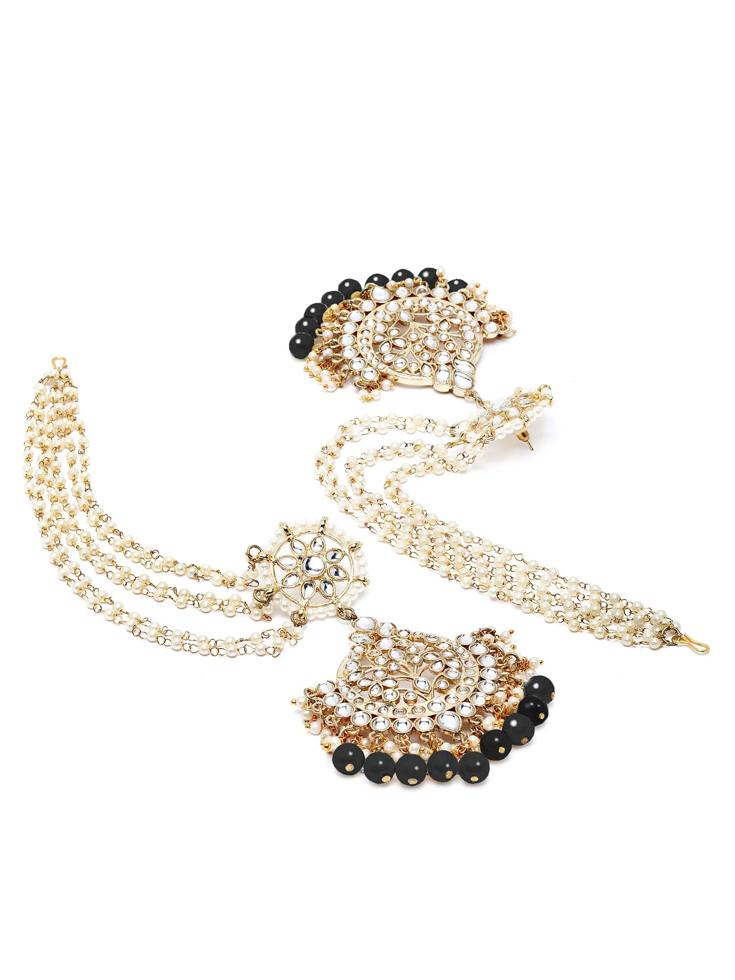 Karatcart Gold Plated Black Beads Kundan Kaanchain Earrings for Women