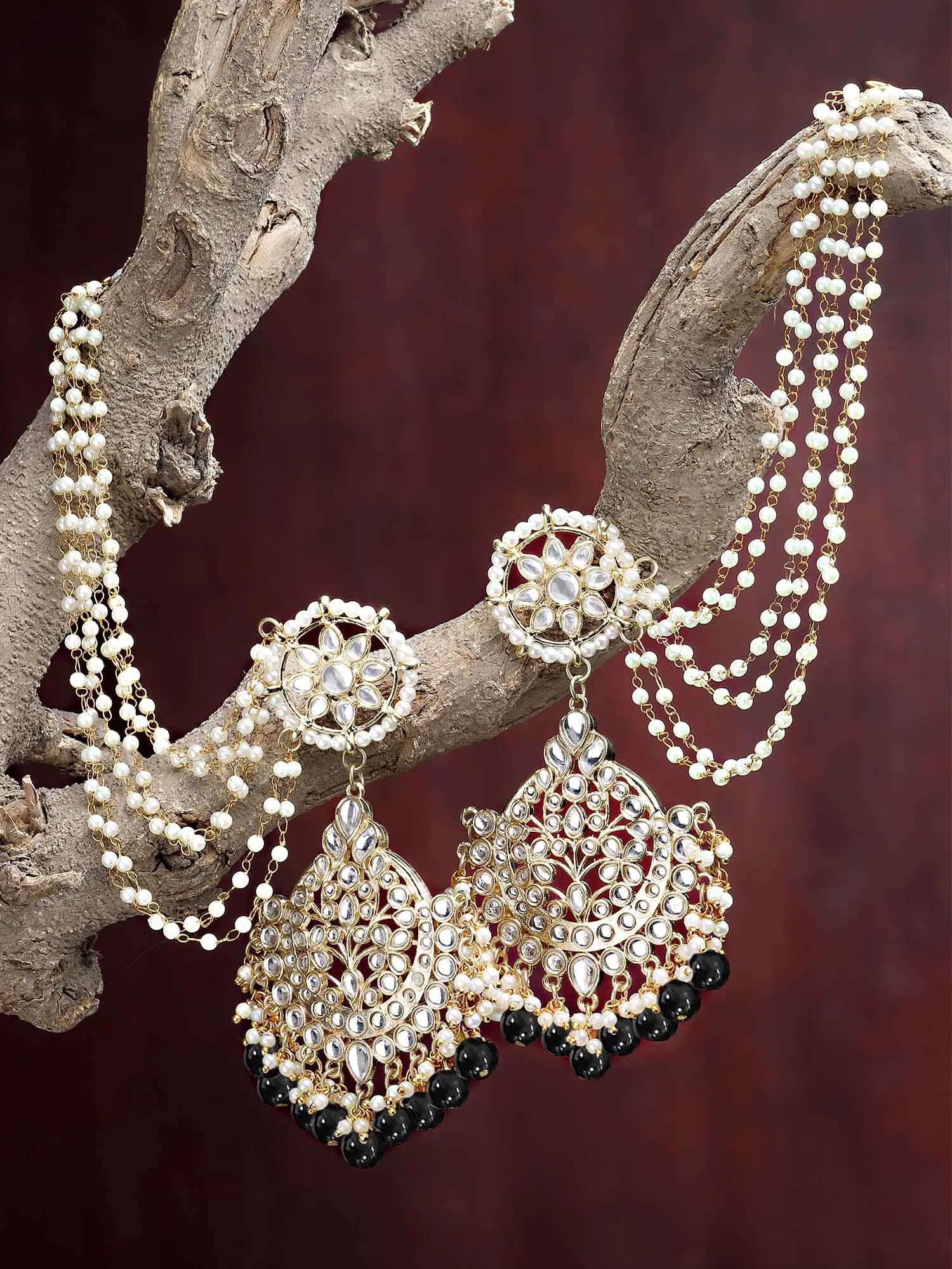 Karatcart Gold Plated Black Beads Kundan Kaanchain Earrings for Women