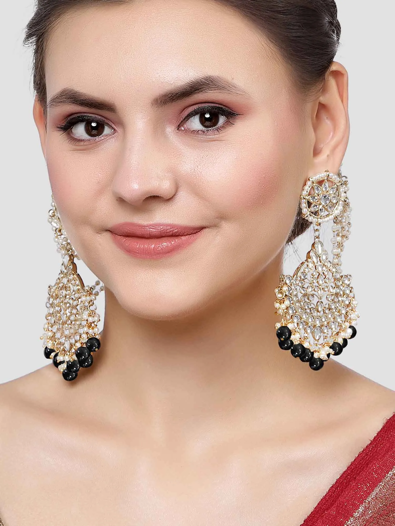 Karatcart Gold Plated Black Beads Kundan Kaanchain Earrings for Women