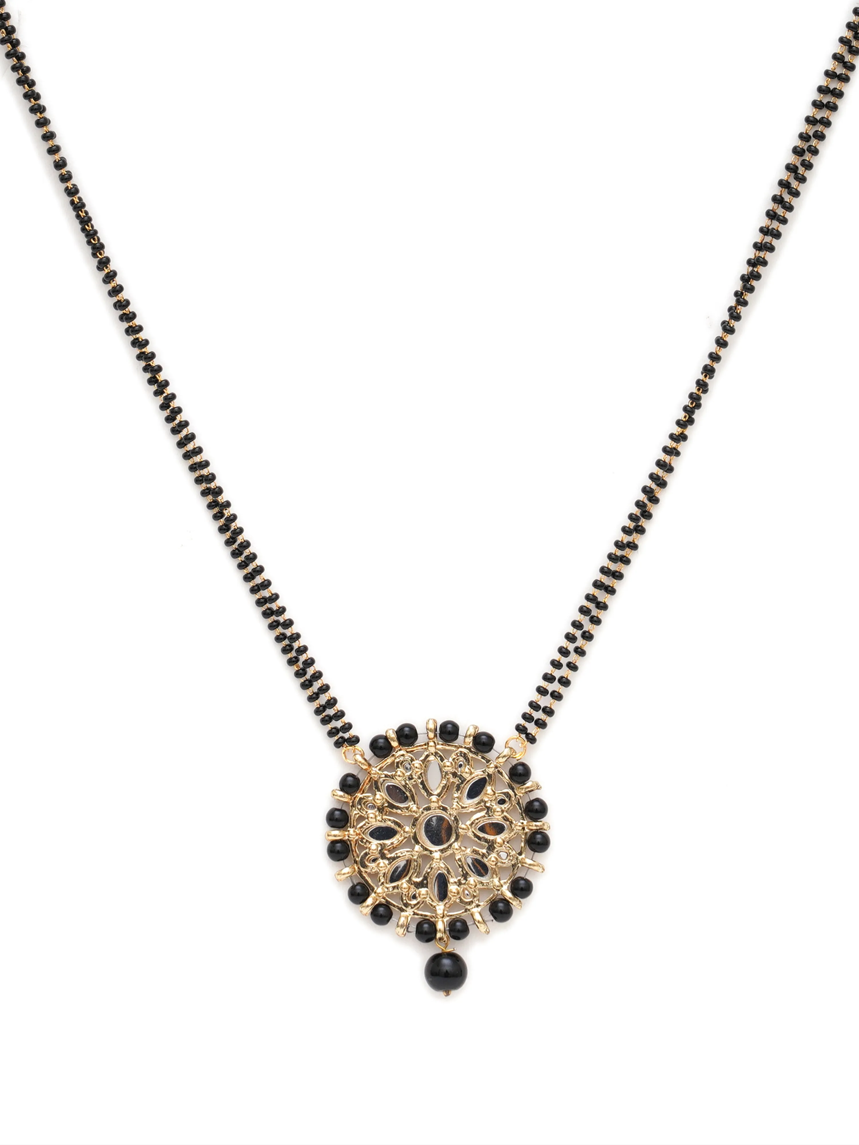 Karatcart Gold Plated Black Beads Studded Floral Kundan Mangalsutra with Earrings