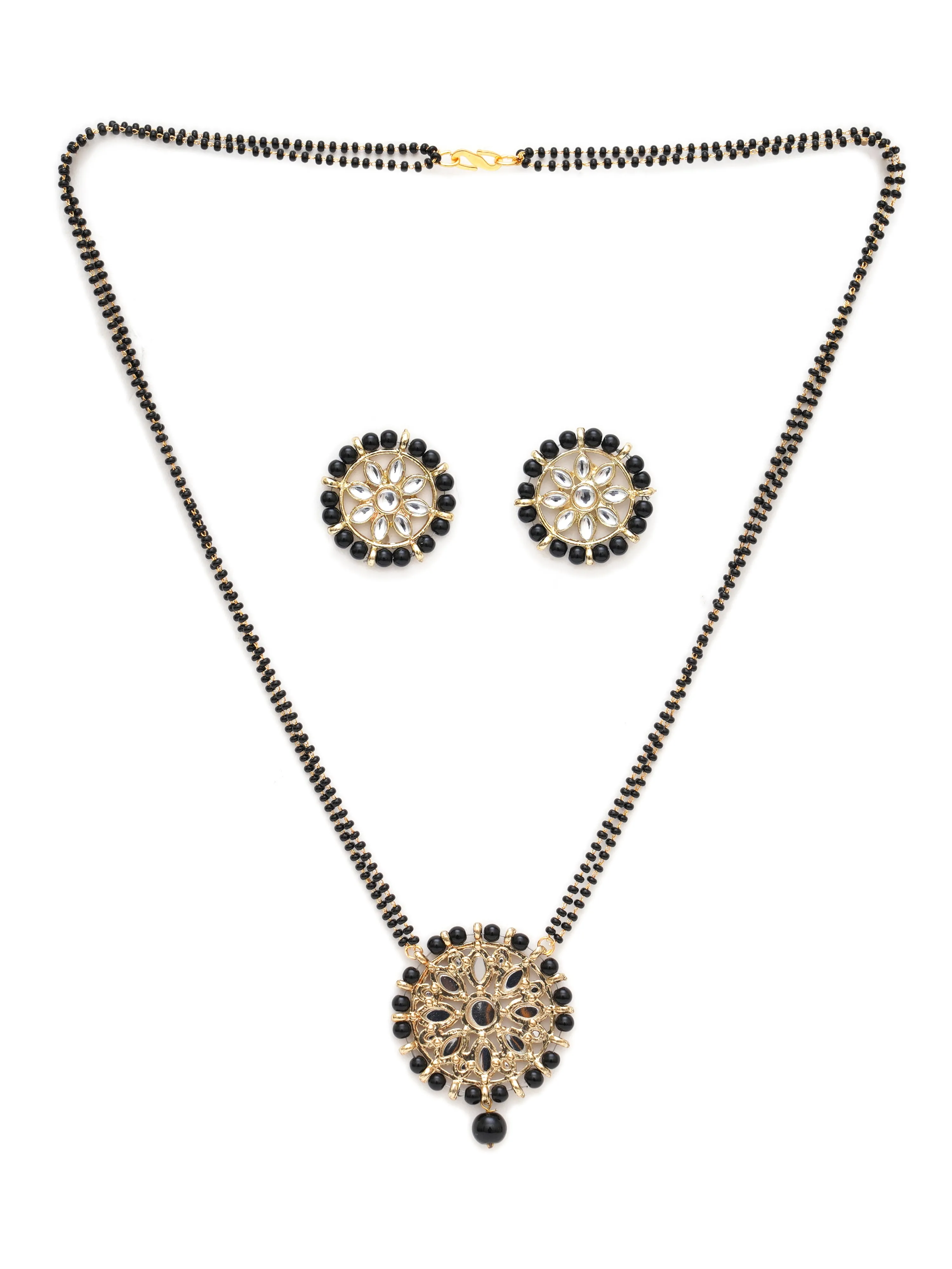 Karatcart Gold Plated Black Beads Studded Floral Kundan Mangalsutra with Earrings