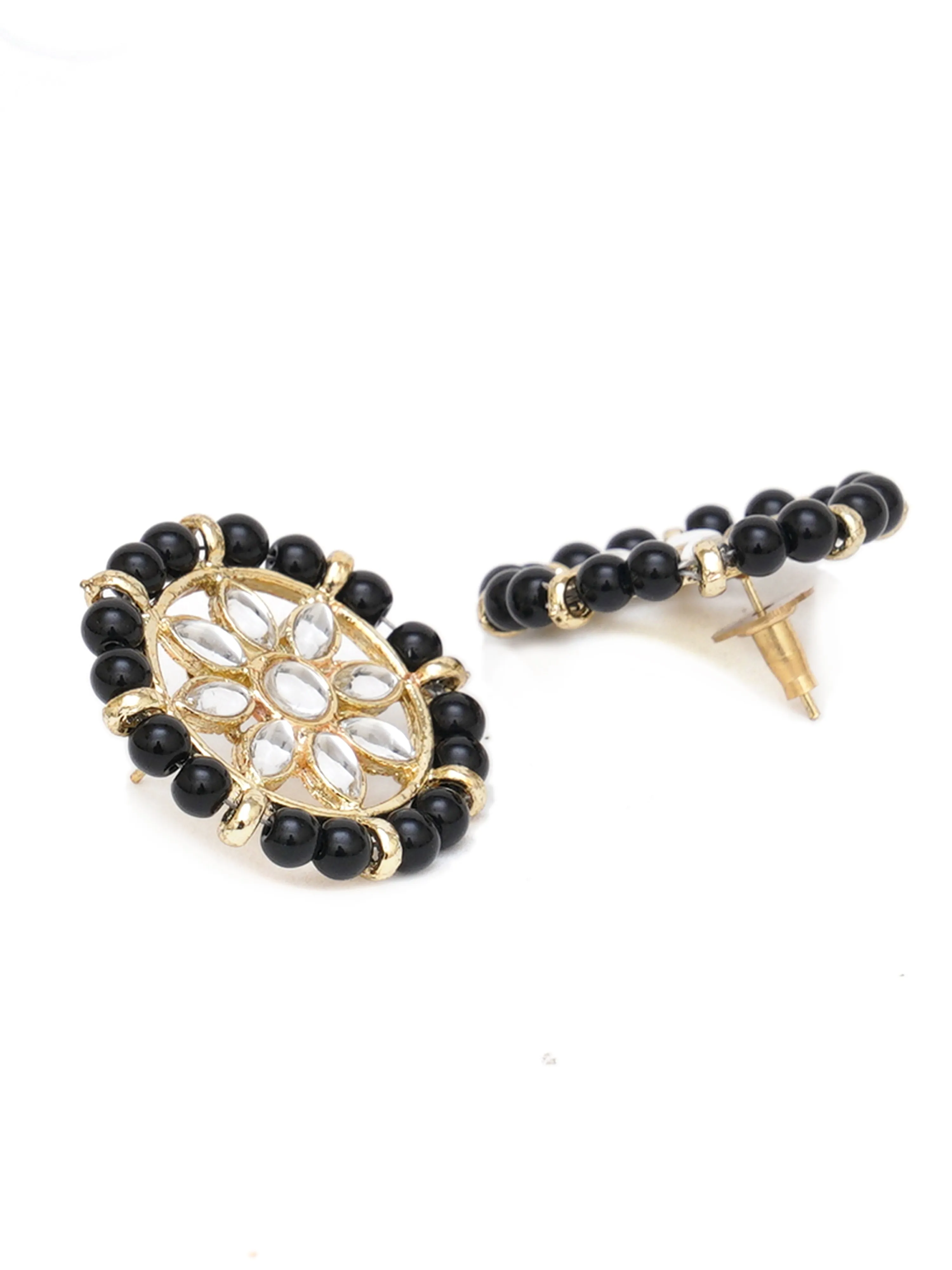 Karatcart Gold Plated Black Beads Studded Floral Kundan Mangalsutra with Earrings