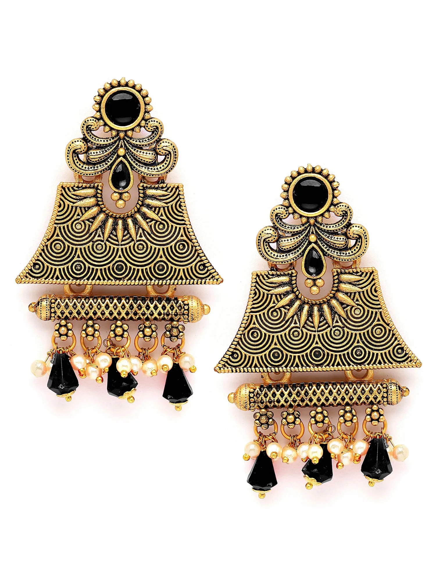 Karatcart Gold Plated Black Crystal Studded Engraved Dangler Earrings for Women