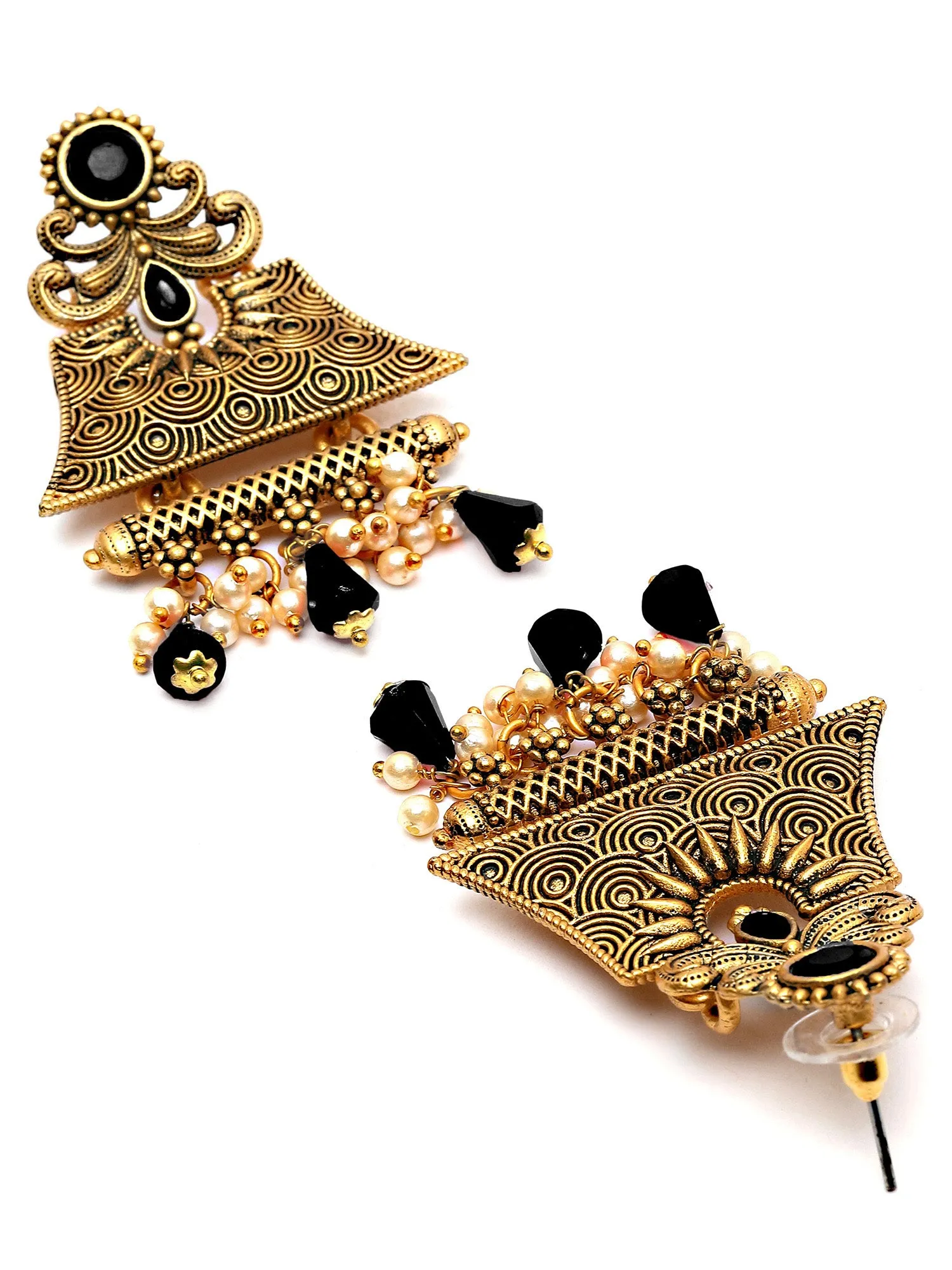 Karatcart Gold Plated Black Crystal Studded Engraved Dangler Earrings for Women