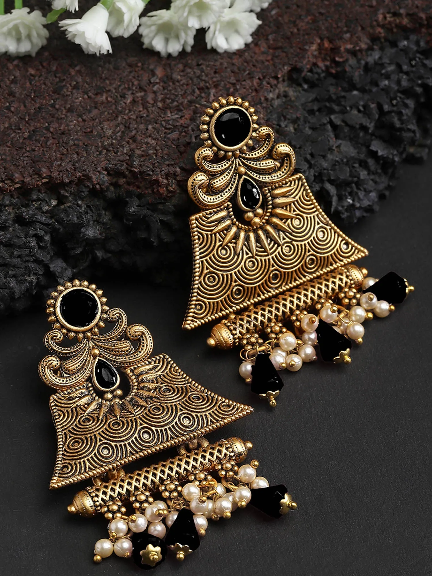 Karatcart Gold Plated Black Crystal Studded Engraved Dangler Earrings for Women