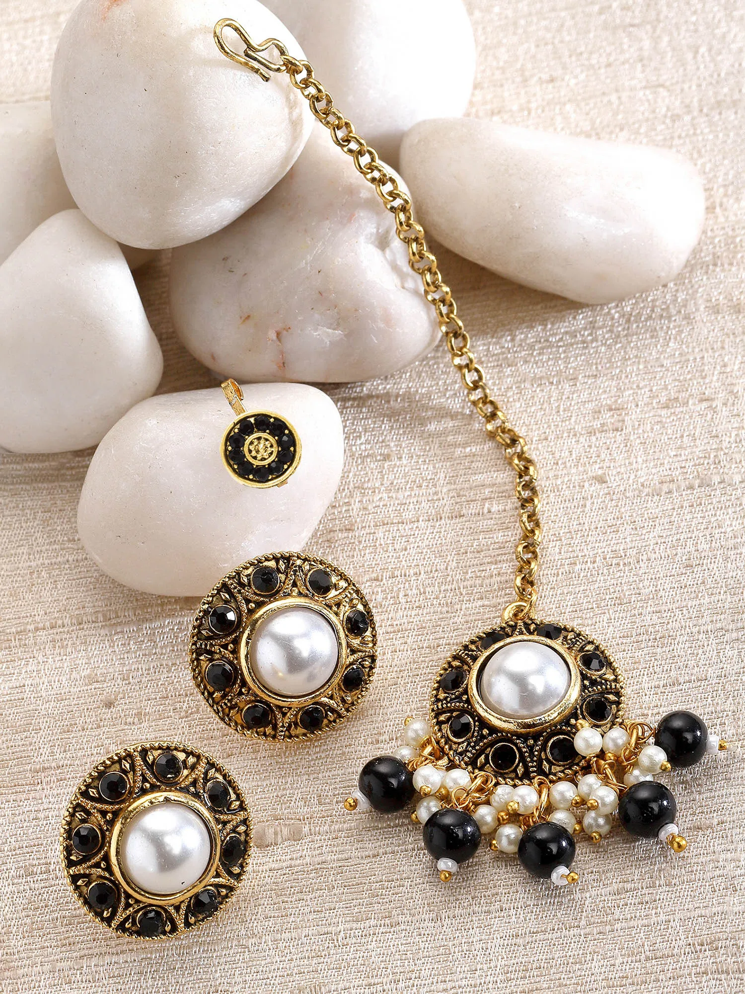 Karatcart Gold Plated Black Stone and Beads Studded Earrings with Maangtikka and Nath Combo
