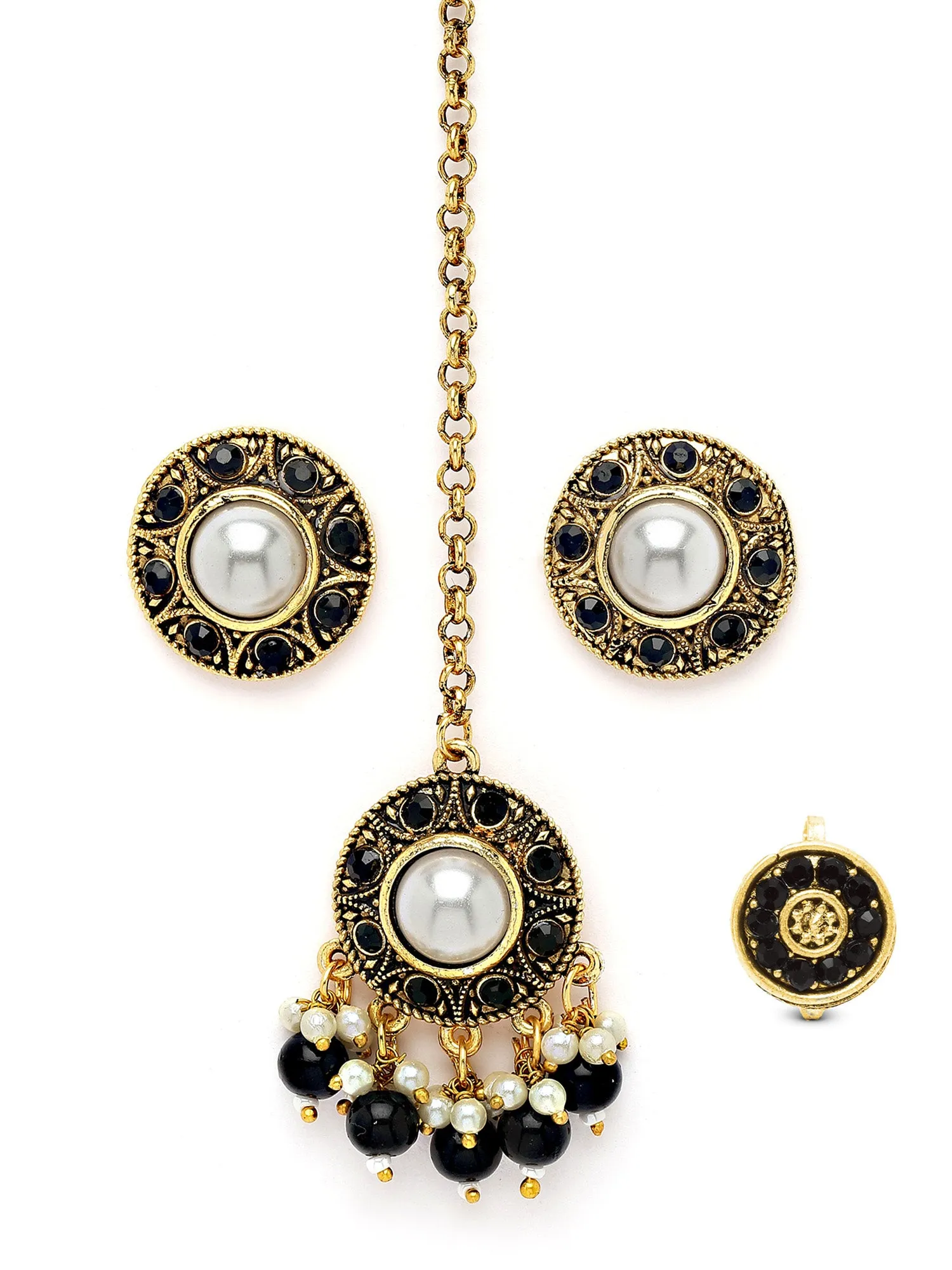 Karatcart Gold Plated Black Stone and Beads Studded Earrings with Maangtikka and Nath Combo