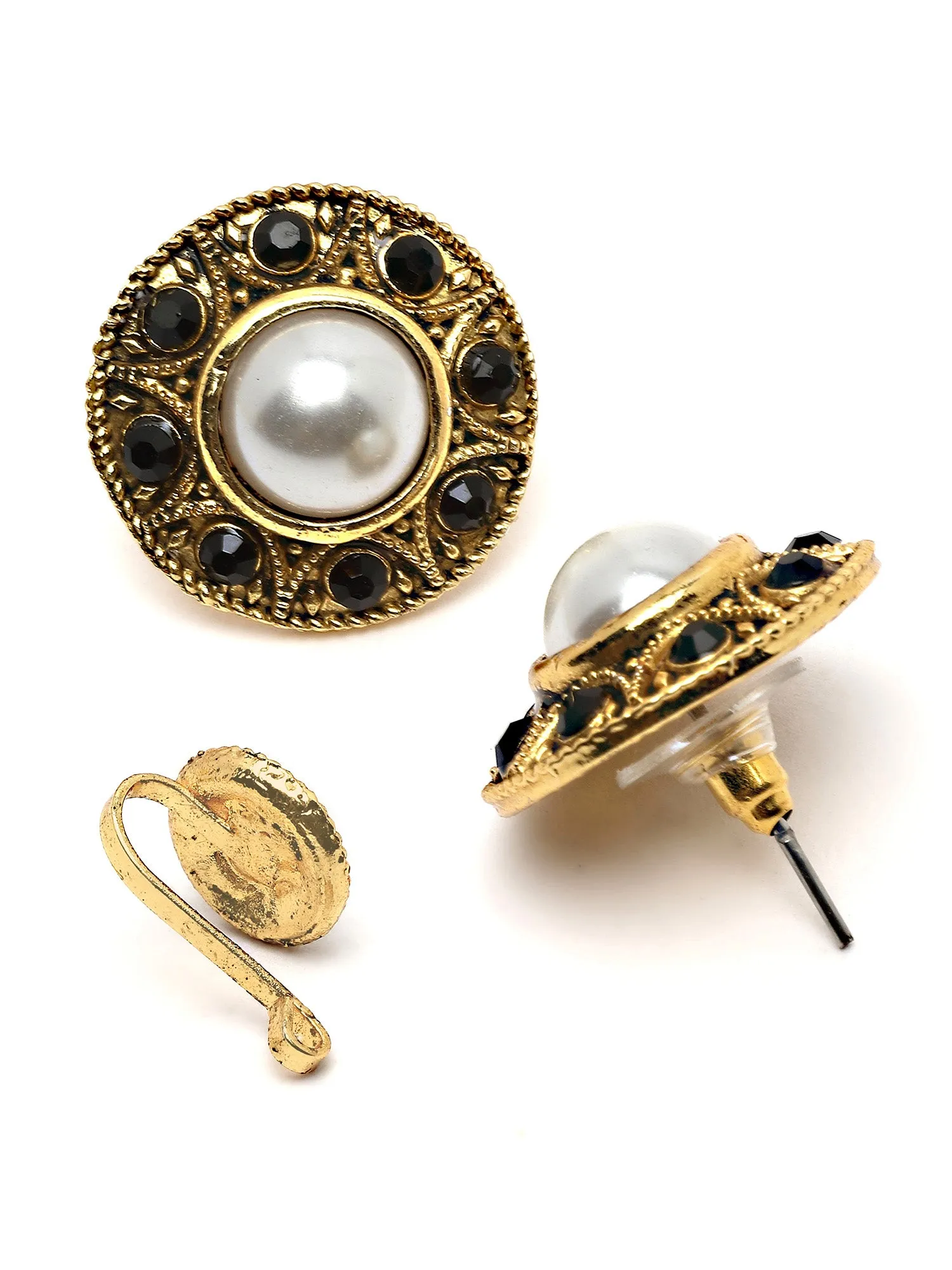 Karatcart Gold Plated Black Stone and Beads Studded Earrings with Maangtikka and Nath Combo