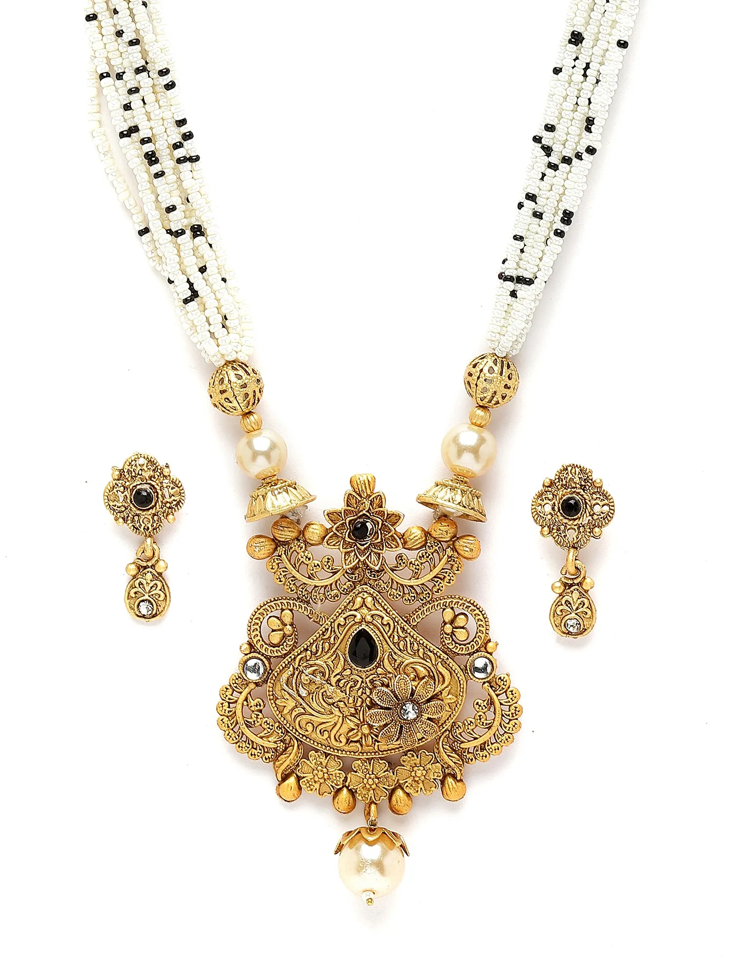 Karatcart Gold Plated Black Stone Studded Beaded Ranihaar Necklace Set for Women