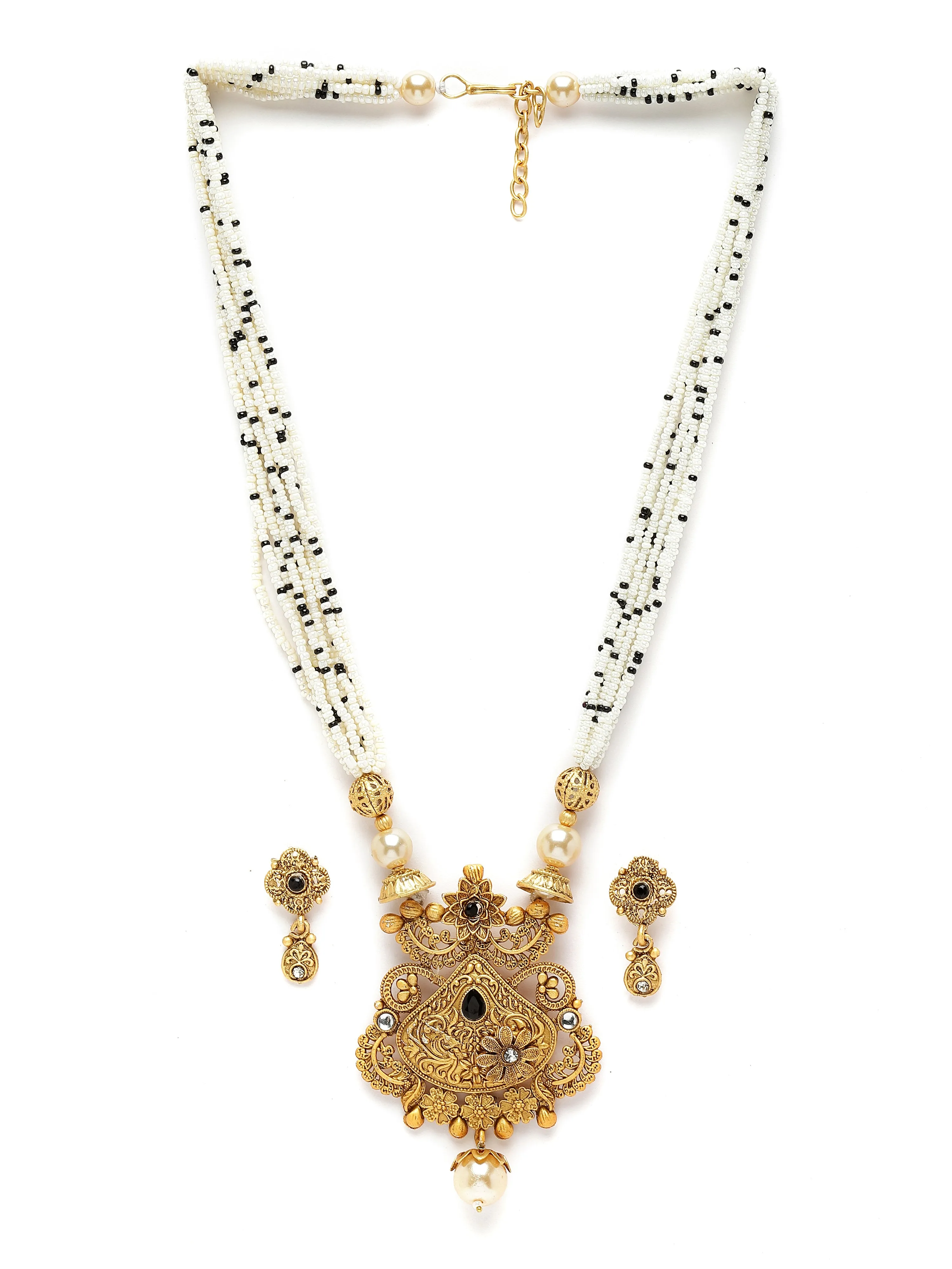 Karatcart Gold Plated Black Stone Studded Beaded Ranihaar Necklace Set for Women