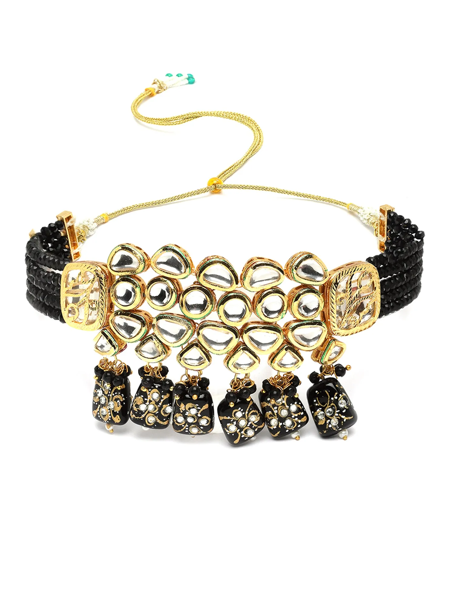 Karatcart Gold Plated Black Tumble and Polki Kundan Choker Necklace Set for Women