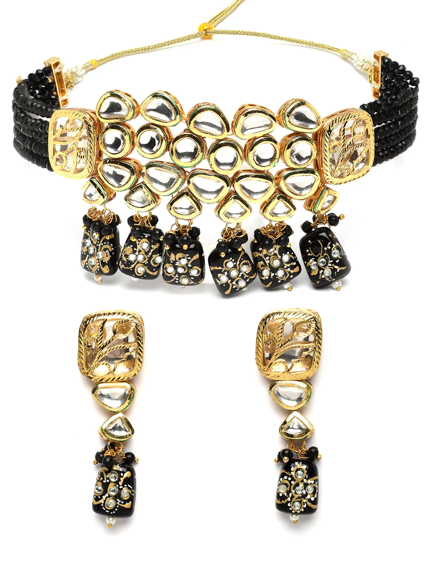 Karatcart Gold Plated Black Tumble and Polki Kundan Choker Necklace Set for Women