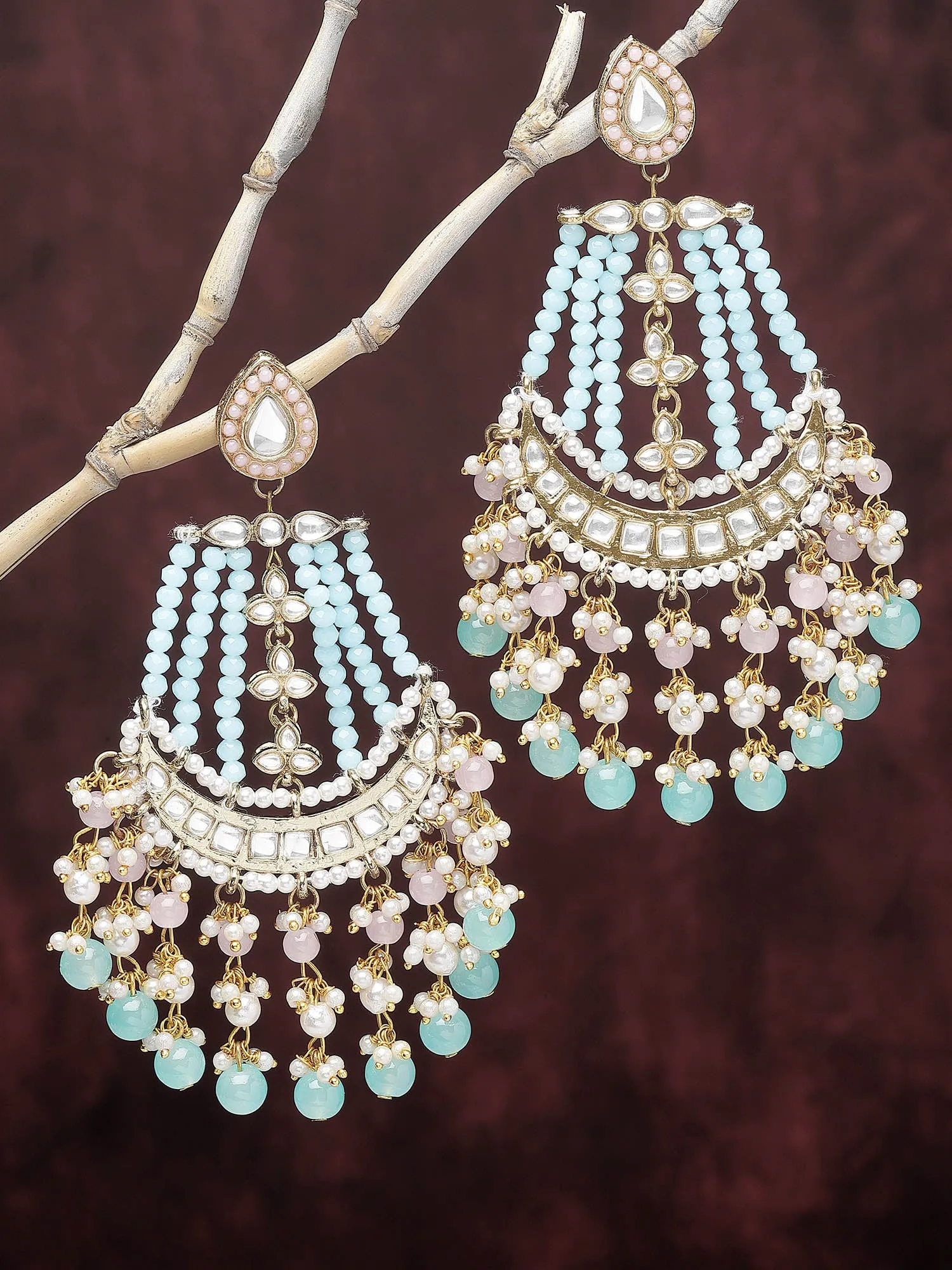 Karatcart Gold Plated Blue and Pink Kundan Studded Dangler Earrings for Women