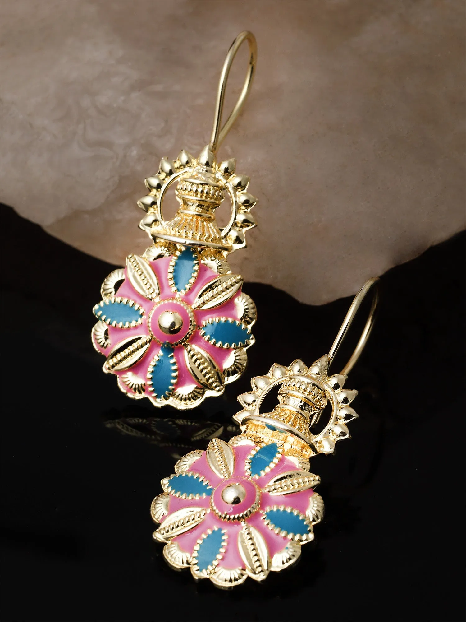 Karatcart Gold Plated Blue and Pink Meena Floral Drop Earring for Women