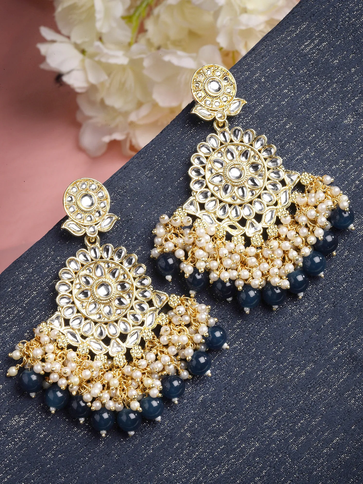 Karatcart Gold Plated Blue Beads and Pearl Studded Kundan Dangler Earrings for Women