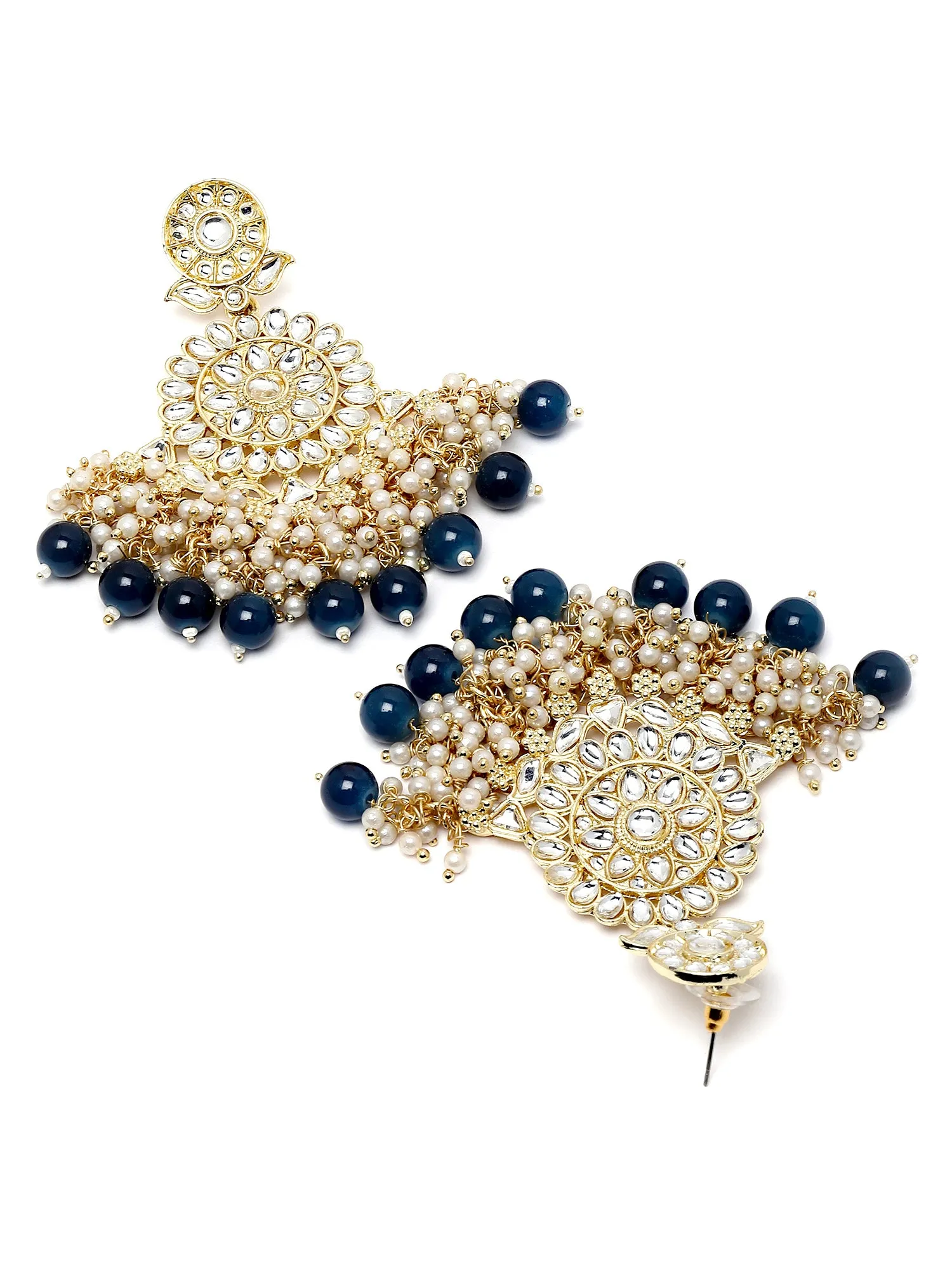 Karatcart Gold Plated Blue Beads and Pearl Studded Kundan Dangler Earrings for Women