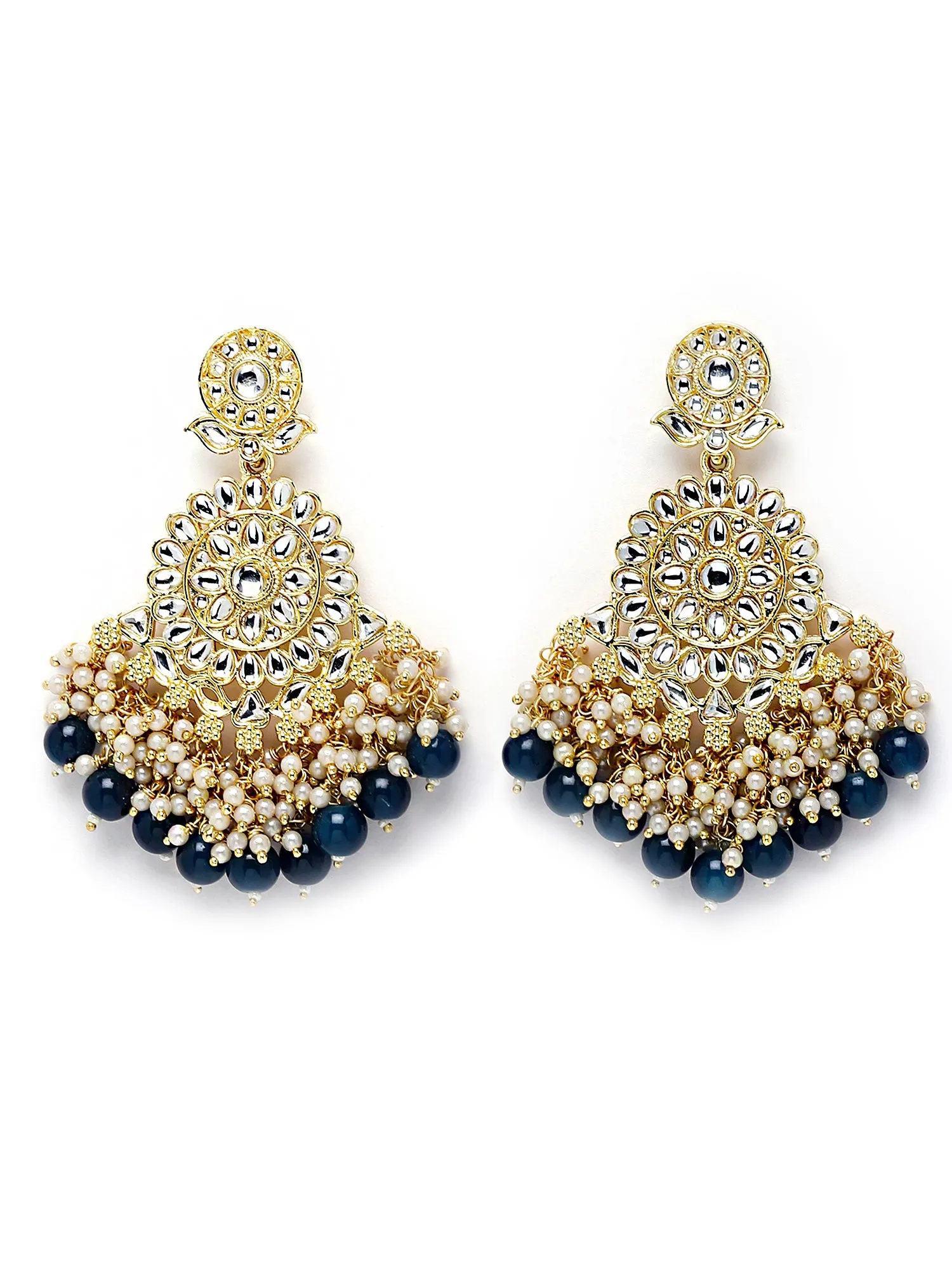Karatcart Gold Plated Blue Beads and Pearl Studded Kundan Dangler Earrings for Women