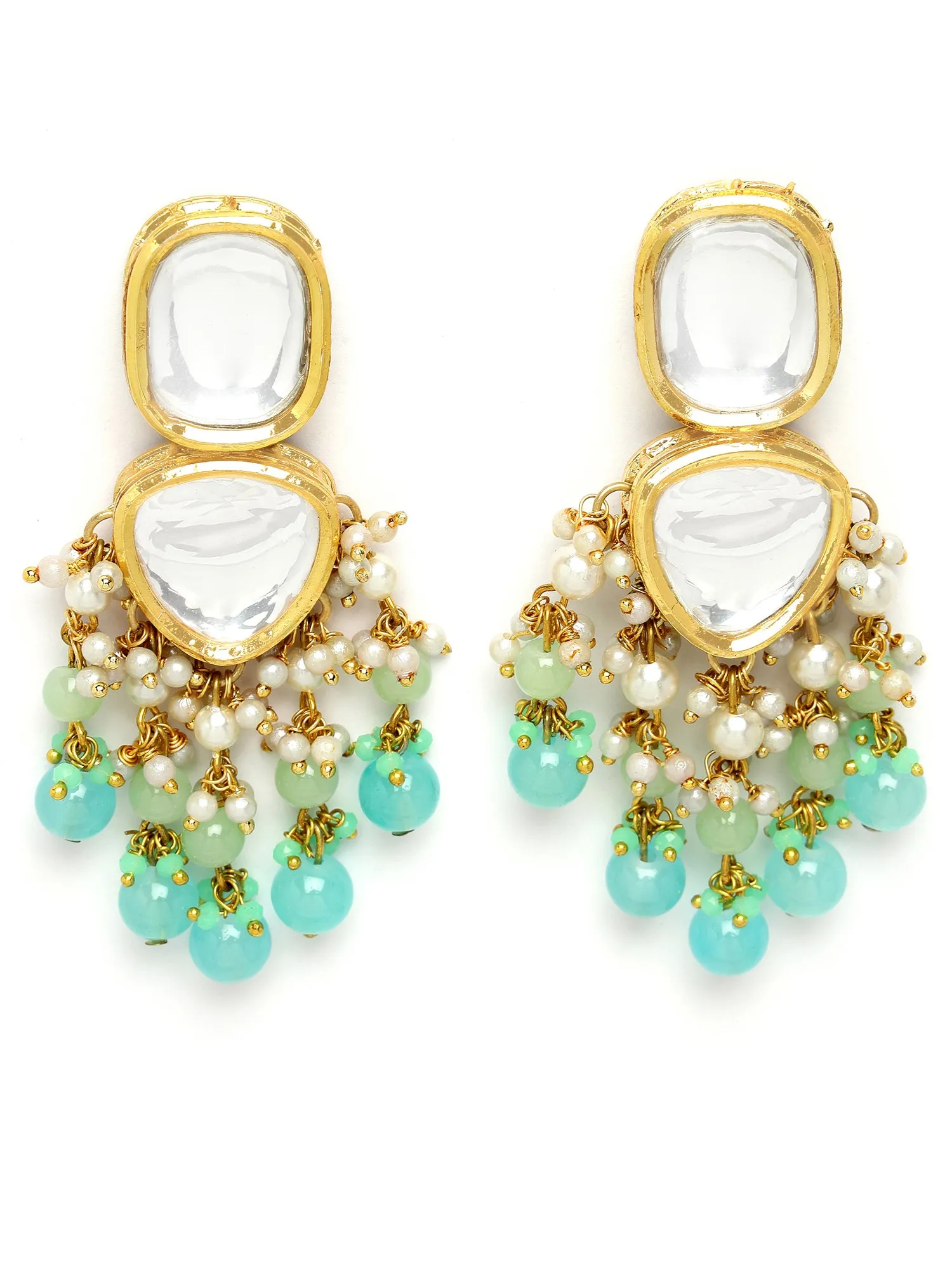 Karatcart Gold Plated Blue Beads Polki Kundan Drop Earrings for Women