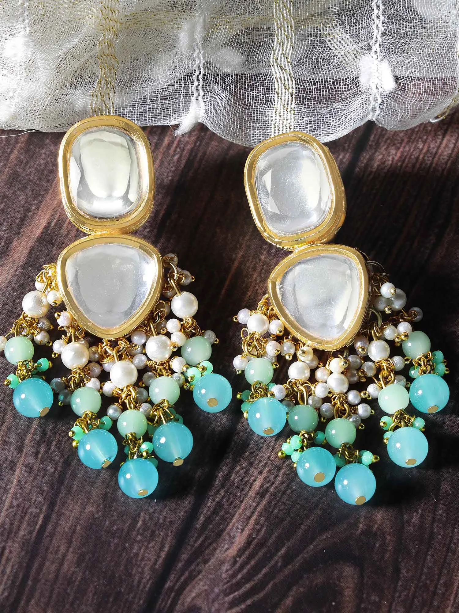 Karatcart Gold Plated Blue Beads Polki Kundan Drop Earrings for Women