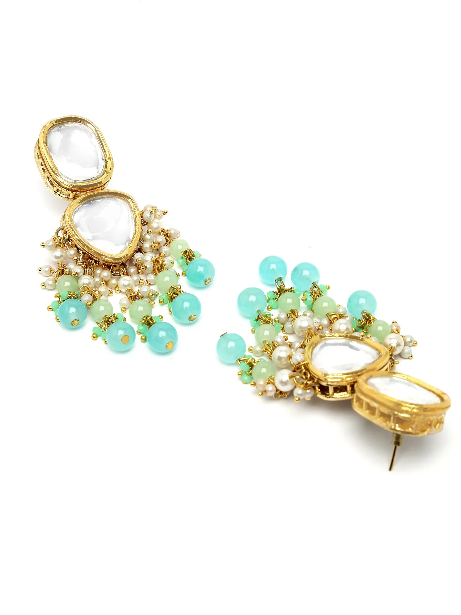 Karatcart Gold Plated Blue Beads Polki Kundan Drop Earrings for Women