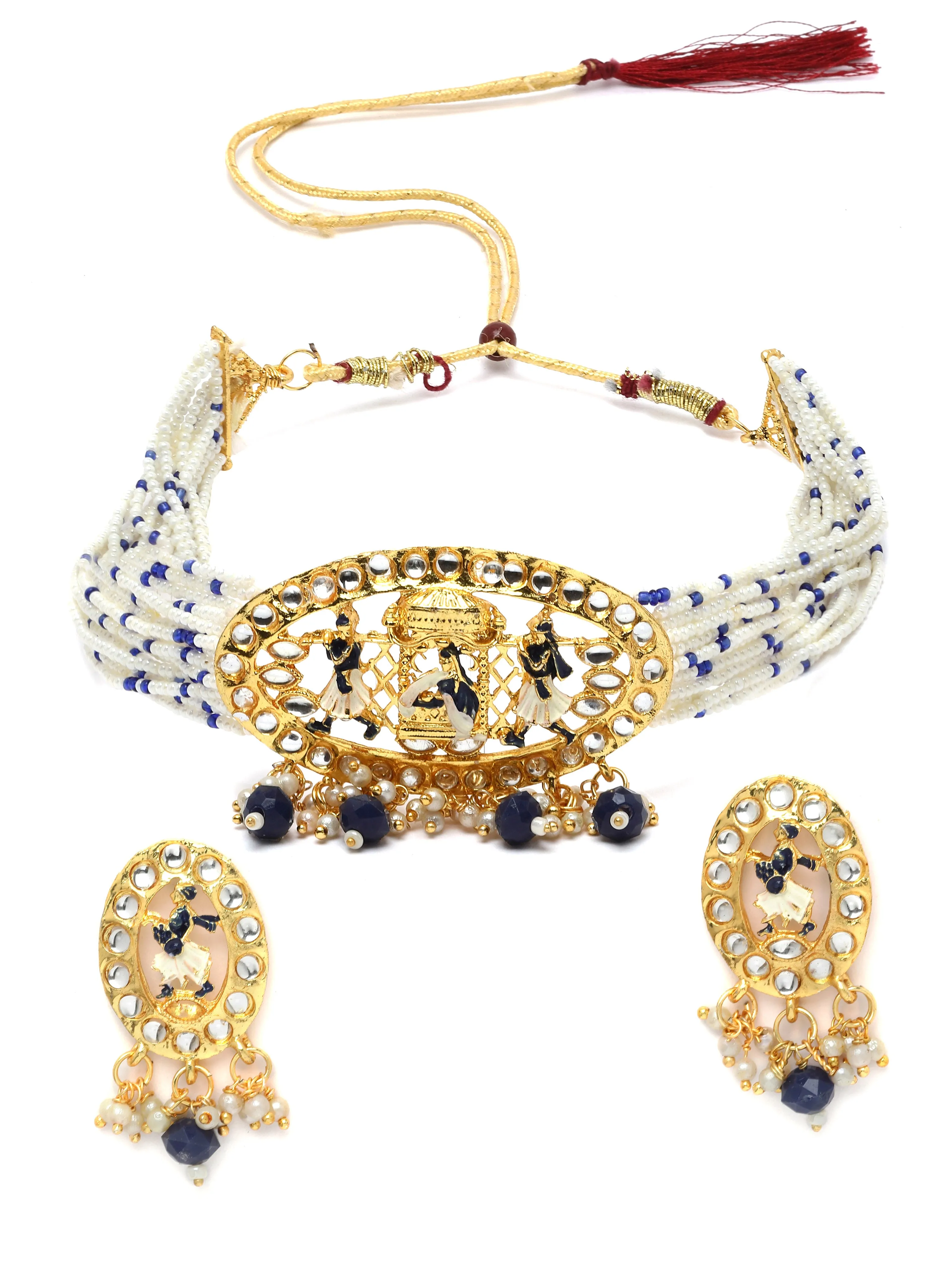 Karatcart Gold Plated Blue Dulhan Doli Design Choker Necklace Set for Women