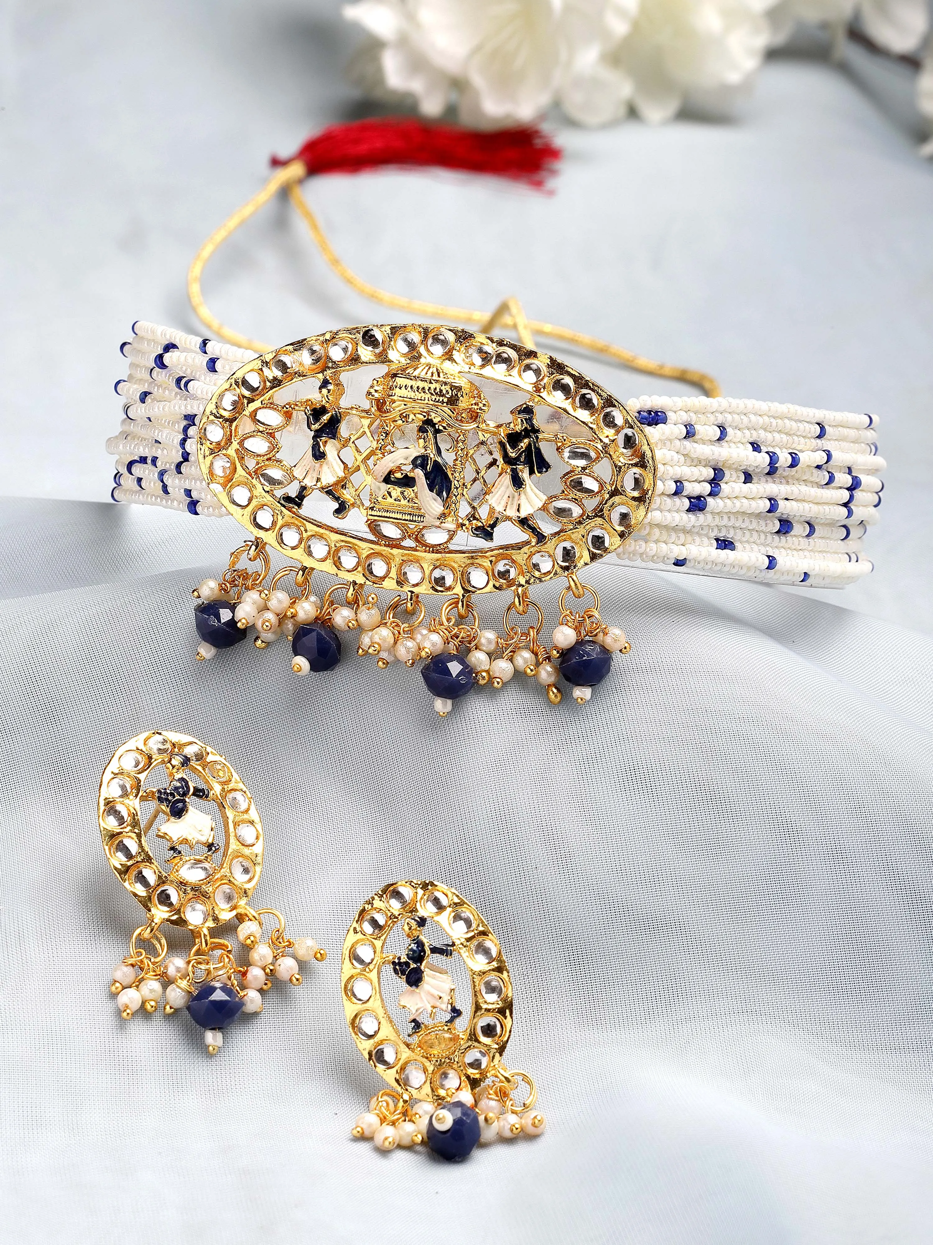 Karatcart Gold Plated Blue Dulhan Doli Design Choker Necklace Set for Women