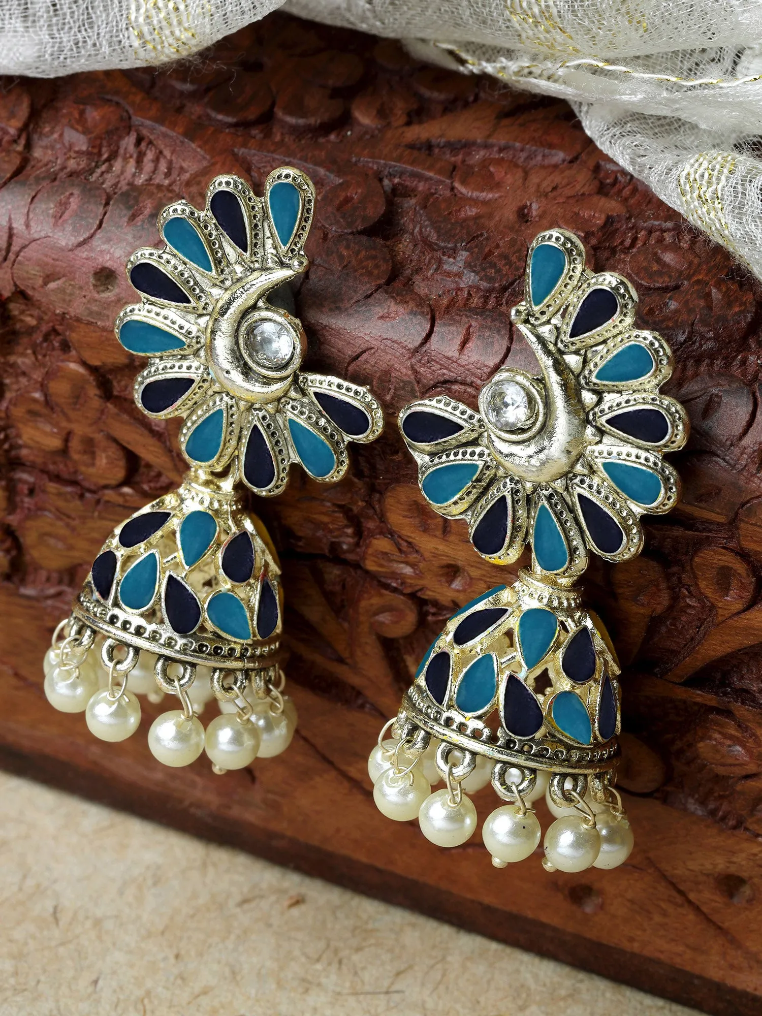 Karatcart Gold Plated Blue Meena Jhumki Earrings for Women