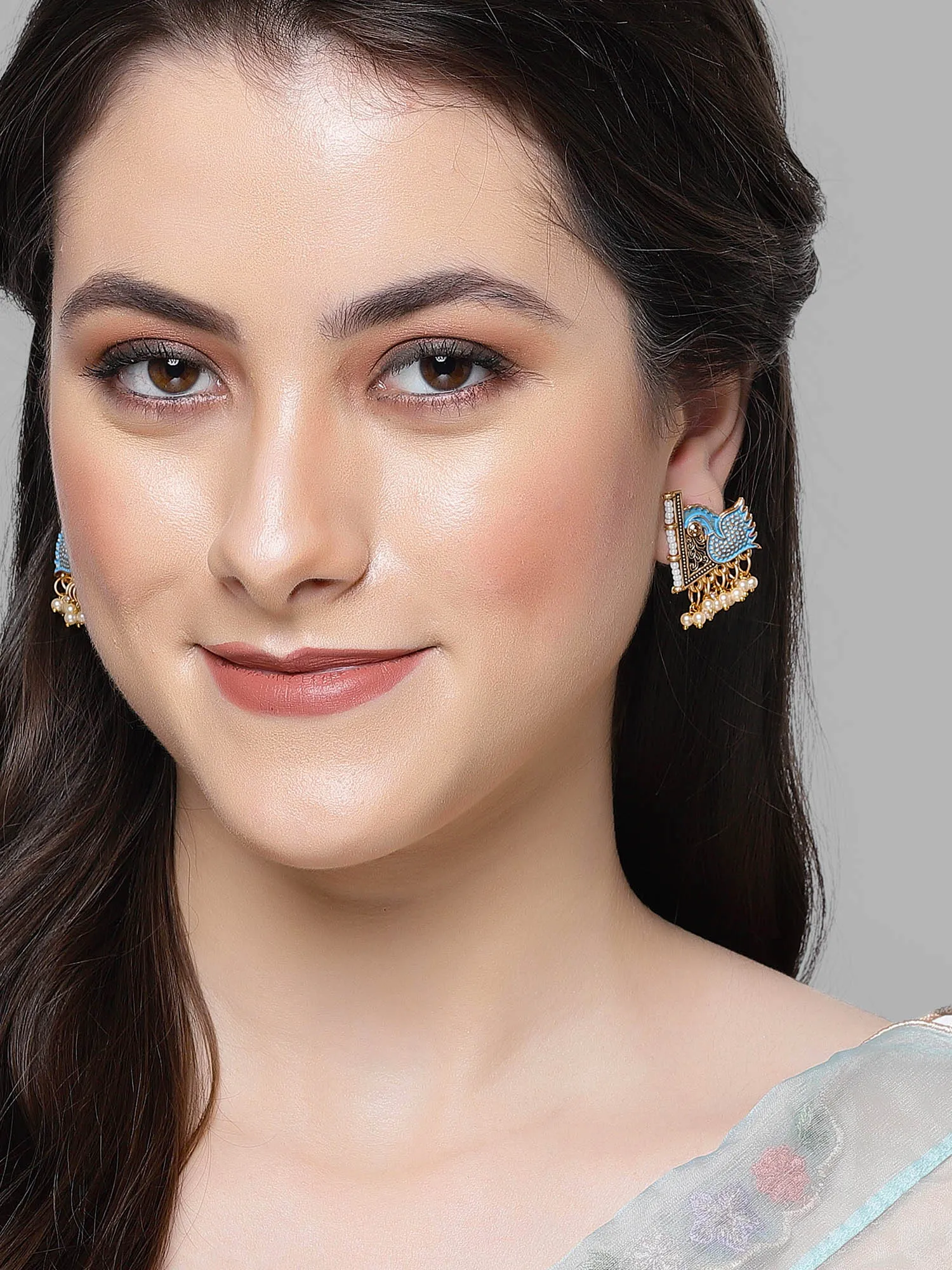Karatcart Gold Plated Blue Meena Peacock Design Stud Earrings for Women